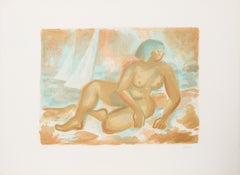 Nude on Beach with Sailboats, Lithograph by Laurent Marcel Salinas