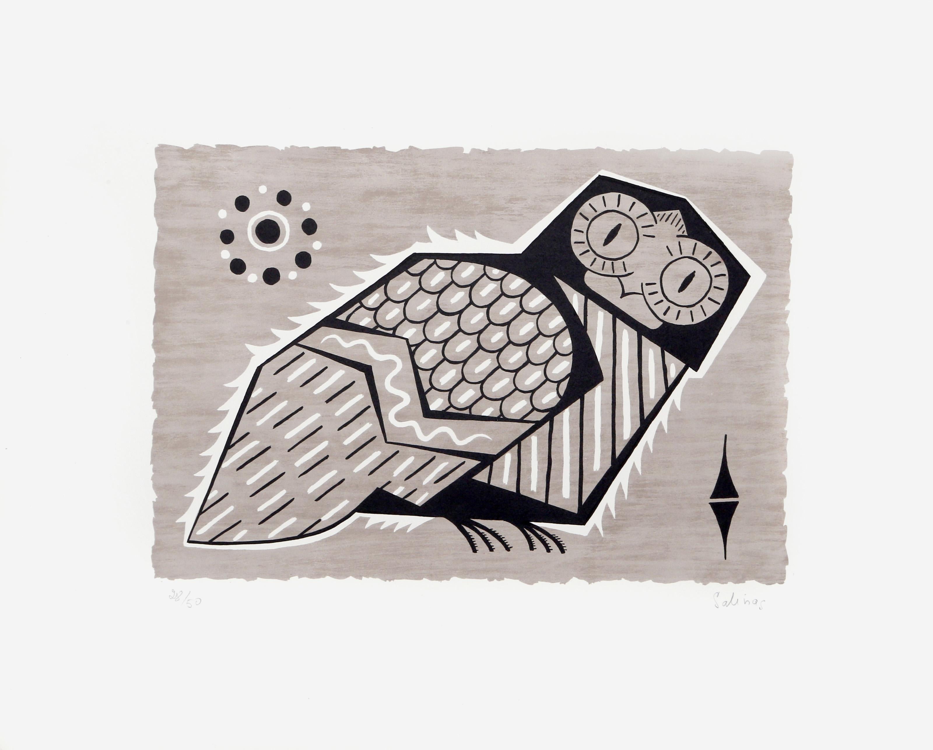 Laurent Marcel Salinas, Egyptian/French (1913 - 2010) -  Owl. Year: circa 1970, Medium: Lithograph, signed and numbered in pencil, Edition: 50, Image Size: 10 x 15 inches, Size: 17.5  x 22 in. (44.45  x 55.88 cm) 