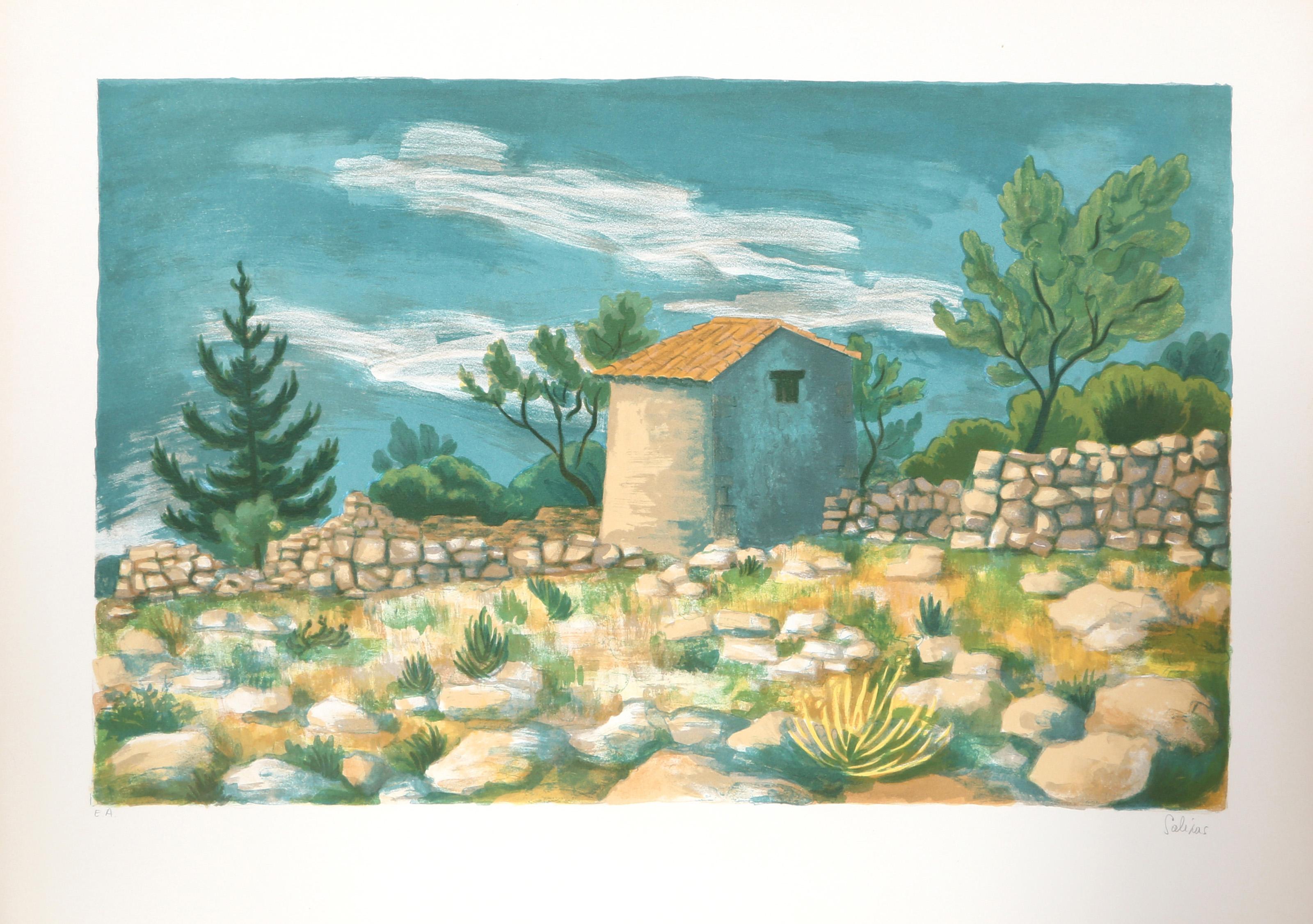Laurent Marcel Salinas, Egyptian/French (1913 - 2010) -  Rocky French Countryside. Year: circa 1985, Medium: Lithograph on Arches Paper, signed in pencil, Edition: EA, Image Size: 16 x 24 inches, Size: 22 x 30 in. (55.88 x 76.2 cm) 