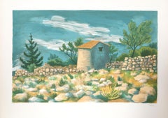 Campagna francese rocciosa, litografia di Laurent Marcel Salinas
