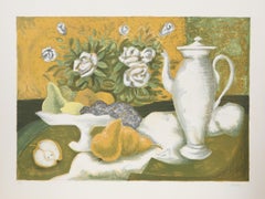 Vintage Still Life with Teapot and Pears, Lithograph by Laurent Marcel Salinas