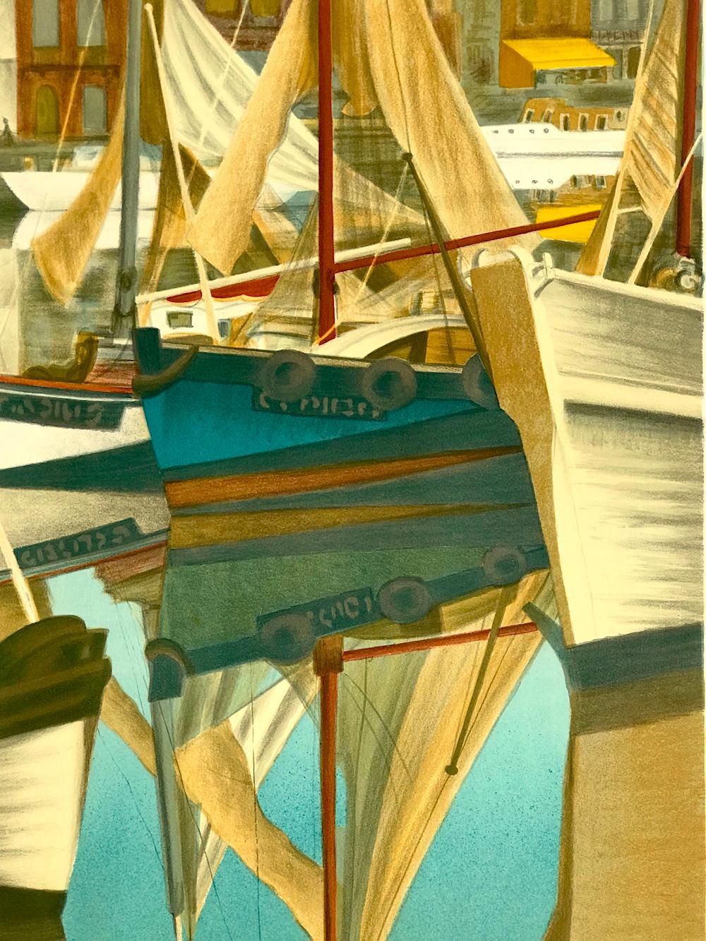 SUMMER DAY HONFLEUR Signed Lithograph, Sail Boats, Historic Port Normandy France - Print by Laurent Marcel Salinas