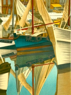 SUMMER DAY HONFLEUR Signierte Lithographie, Segelboote, Historische Hafen Normandie Frankreich