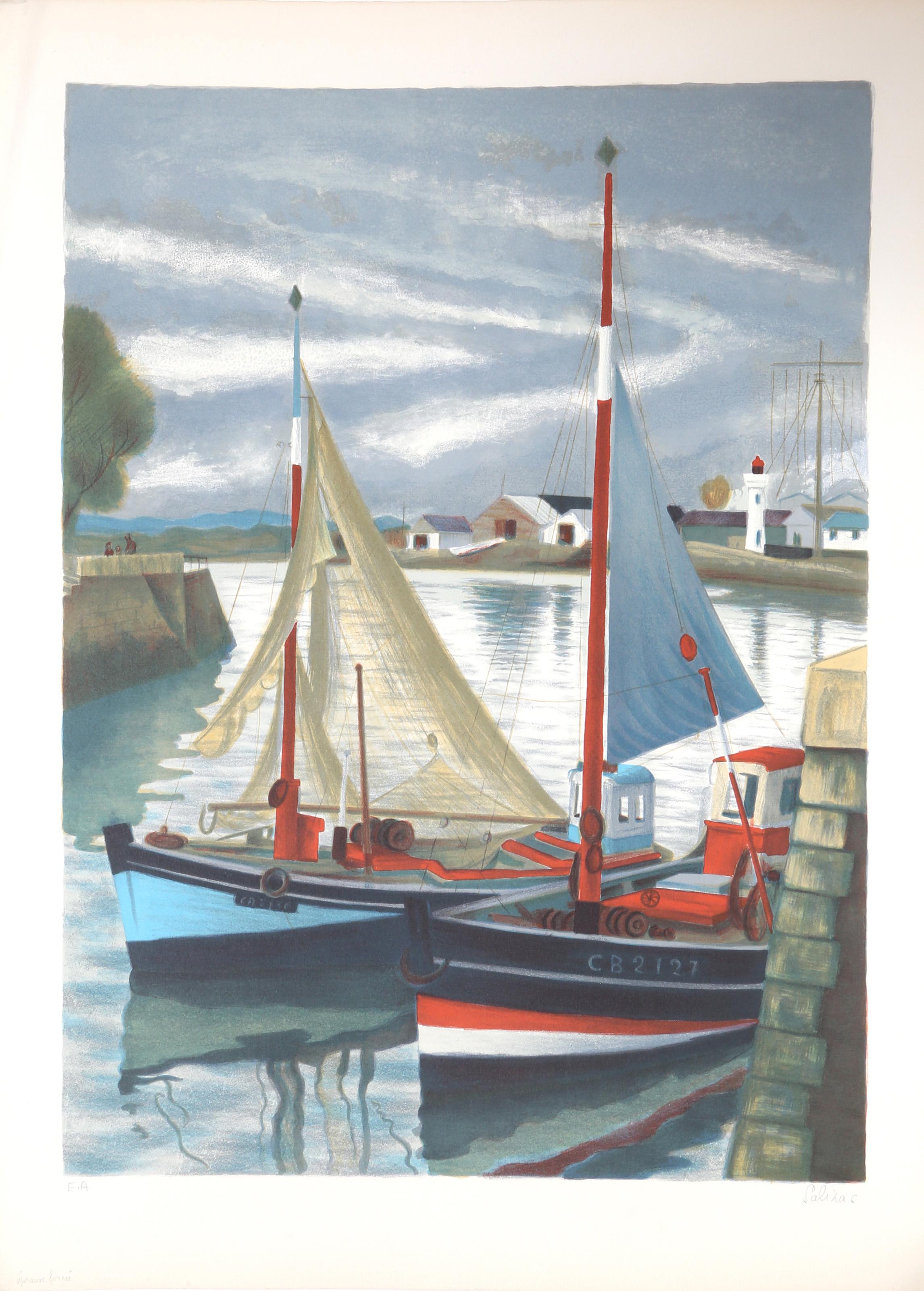 Zwei Segelboote im Hafen, moderne Segelbootlithographie von Laurent Marcel Salinas