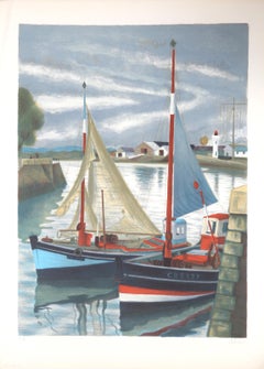 Two Sailboats in Harbor, Lithograph by Laurent Marcel Salinas