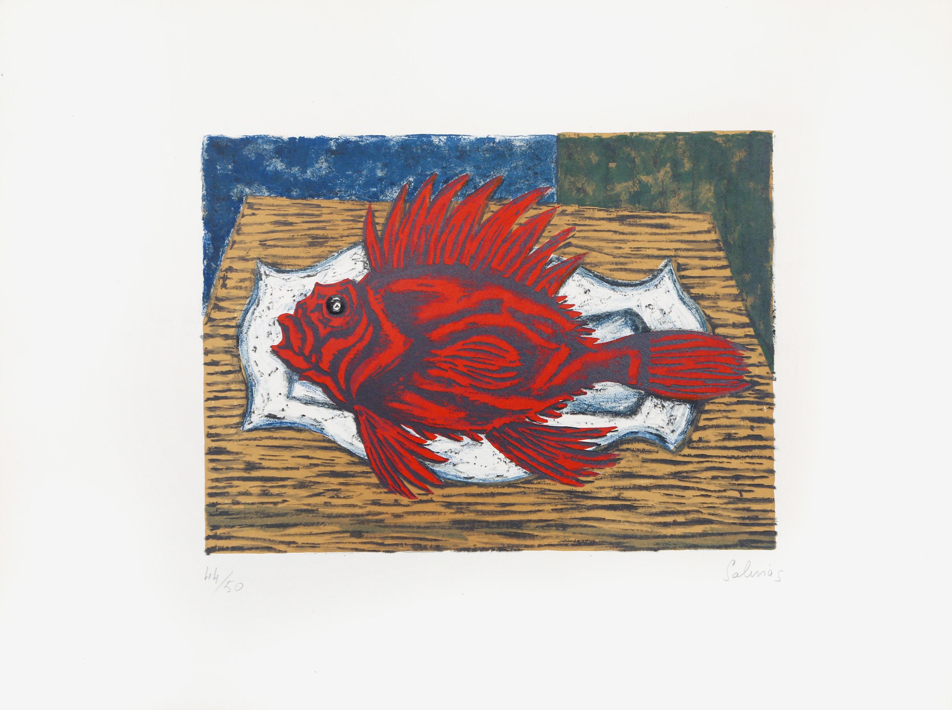 Laurent Marcel Salinas, Egyptian/French (1913 - 2010) -  Un Poisson Rouge. Year: circa 1980, Medium: Lithograph, signed and numbered in pencil, Edition: 50, Image Size: 10 x 13 inches, Size: 17  x 22 in. (43.18  x 55.88 cm) 