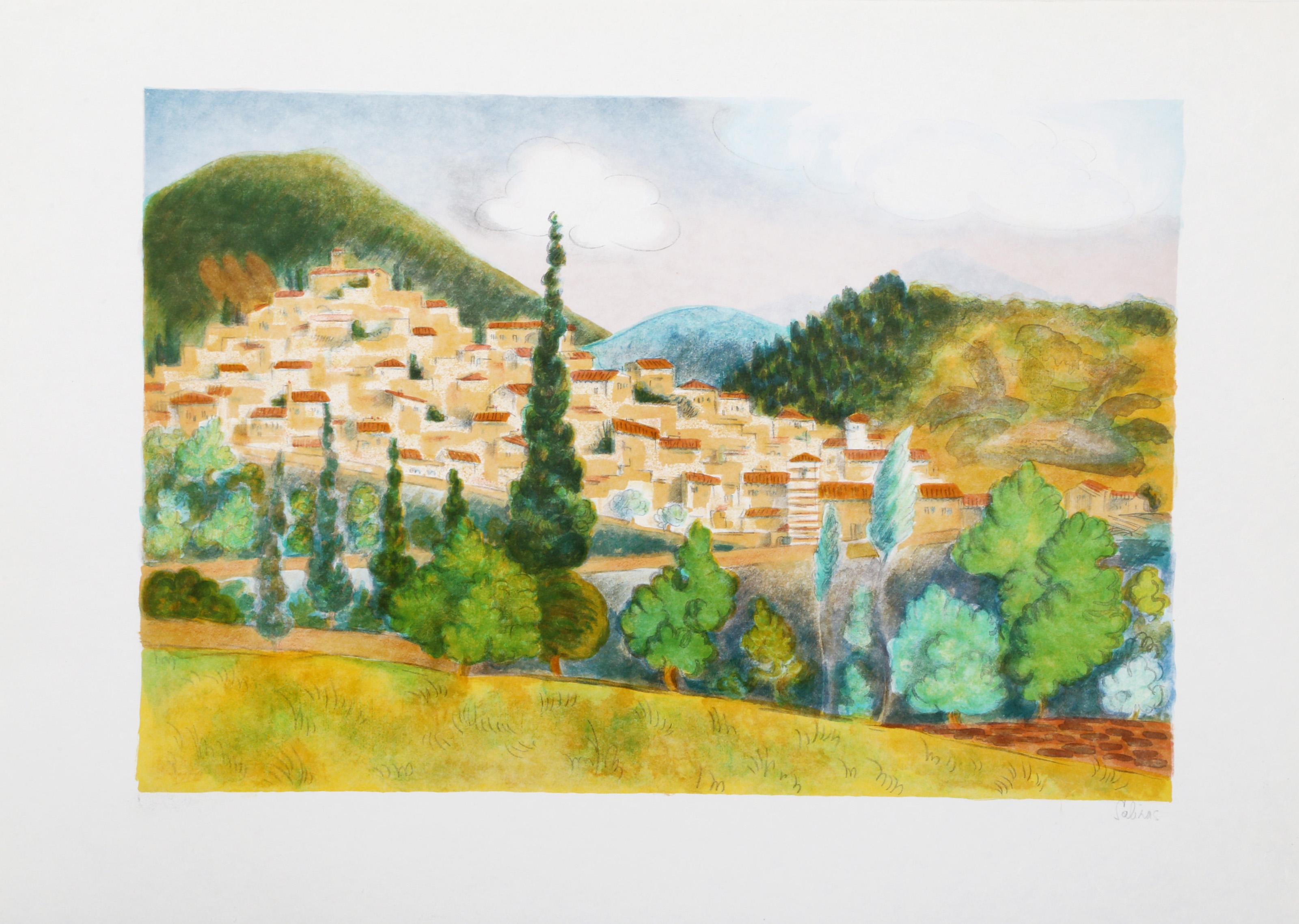 Laurent Marcel Salinas, Egyptian/French (1913 - 2010) -  Village Landscape. Year: circa 1980, Medium: Lithograph on Japon paper, signed in pencil, Edition: EA, Image Size: 16 x 23 inches, Size: 21  x 30 in. (53.34  x 76.2 cm) 
