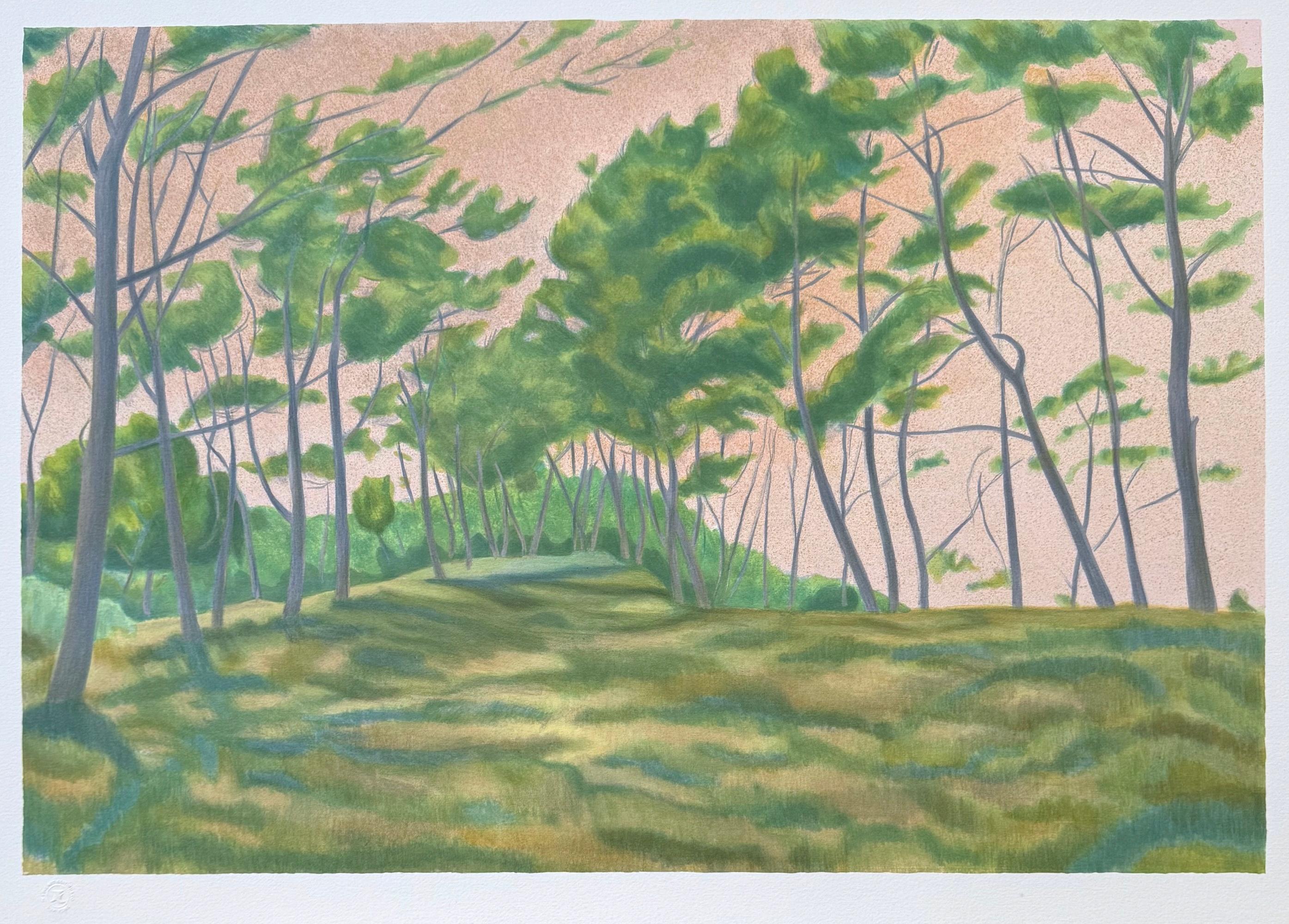 WINDSWEPT LANDSCAPE Hand Drawn Lithograph, Green Trees, Peach Color Sky - Print by Laurent Marcel Salinas