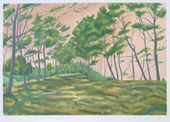 WINDSWEPT LANDSCAPE Hand Drawn Lithograph, Green Trees, Peach Color Sky