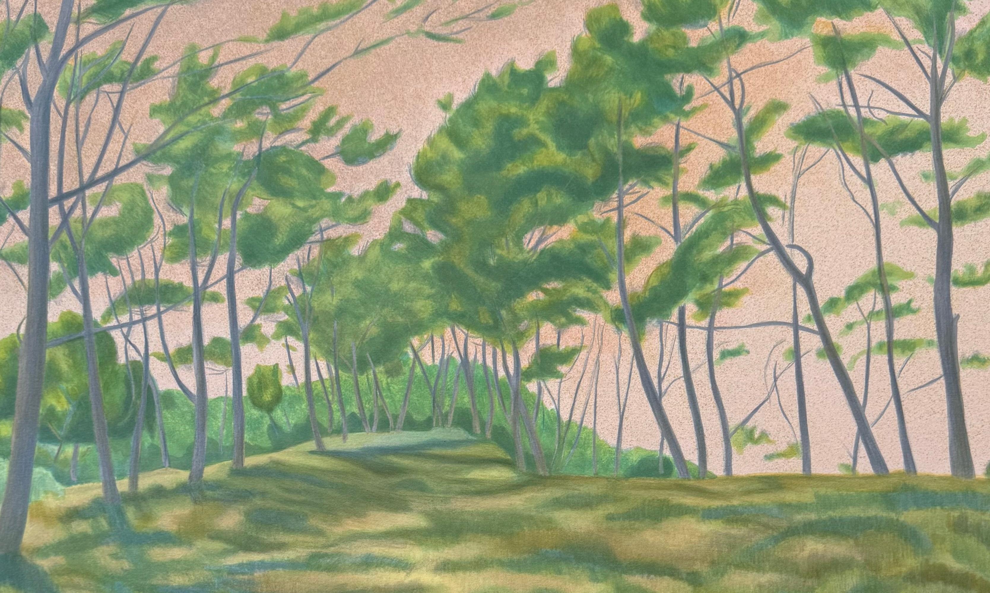 WINDSWEPT LANDSCAPE Hand Drawn Lithograph, Green Trees, Peach Color Sky - Realist Print by Laurent Marcel Salinas
