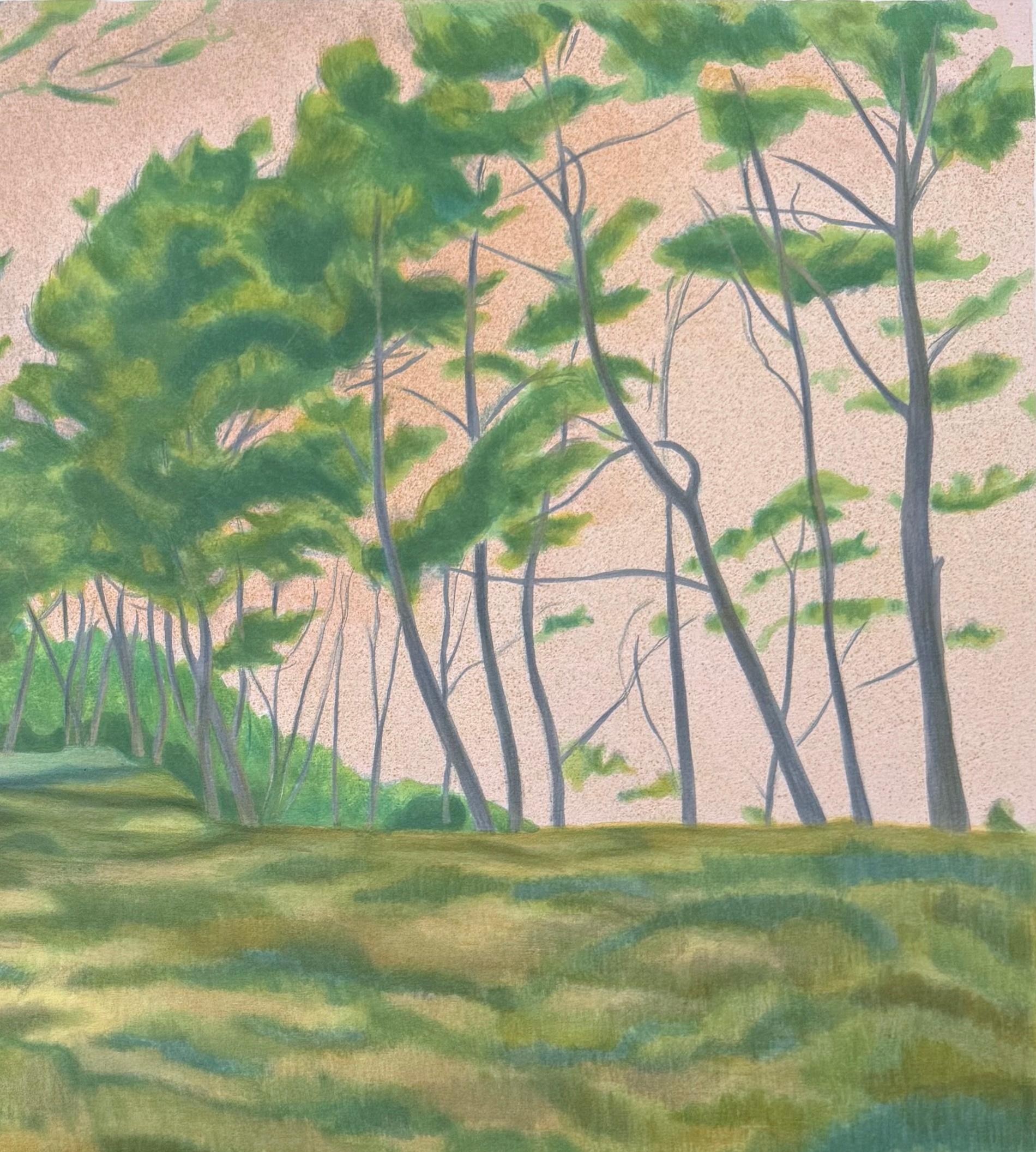 WINDSWEPT LANDSCAPE Hand Drawn Lithograph, Green Trees, Peach Color Sky - Orange Landscape Print by Laurent Marcel Salinas