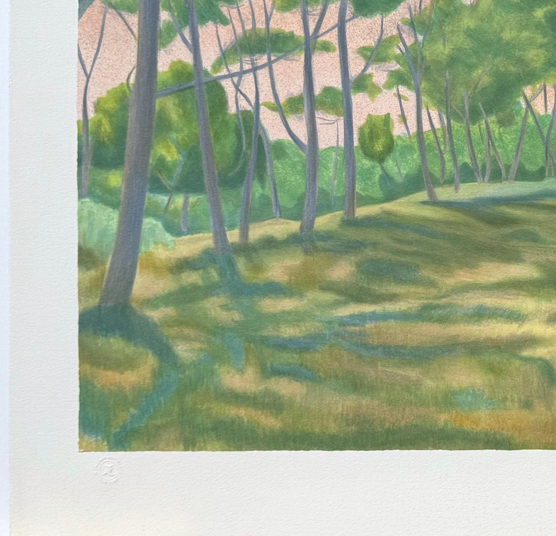WINDSWEPT LANDSCAPE Hand Drawn Lithograph, Green Trees, Peach Color Sky For Sale 2