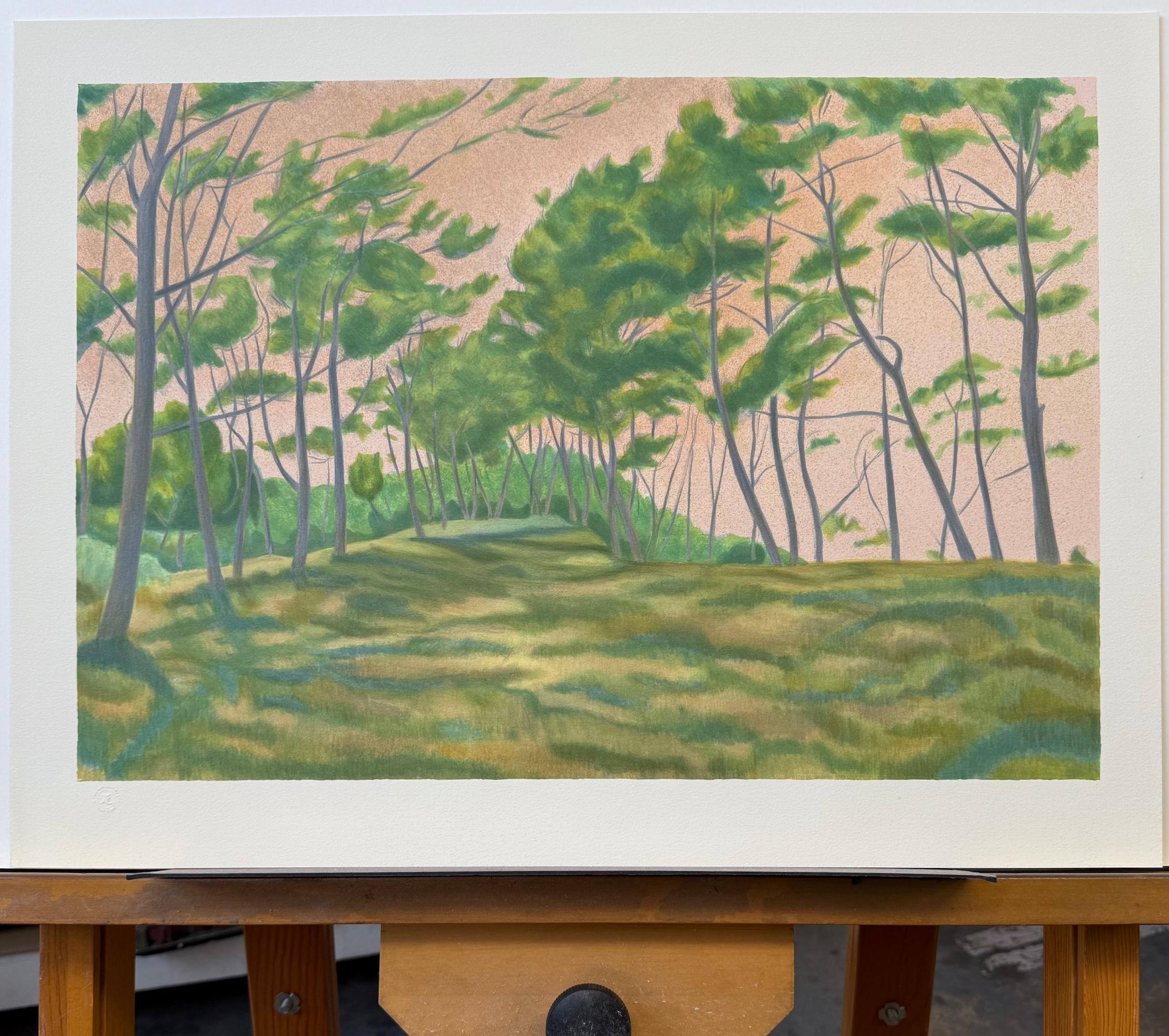 WINDSWEPT LANDSCAPE Hand Drawn Lithograph, Green Trees, Peach Color Sky For Sale 3