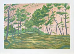 WINDSWEPT LANDSCAPE Hand Drawn Lithograph, Green Trees, Peach Color Sky
