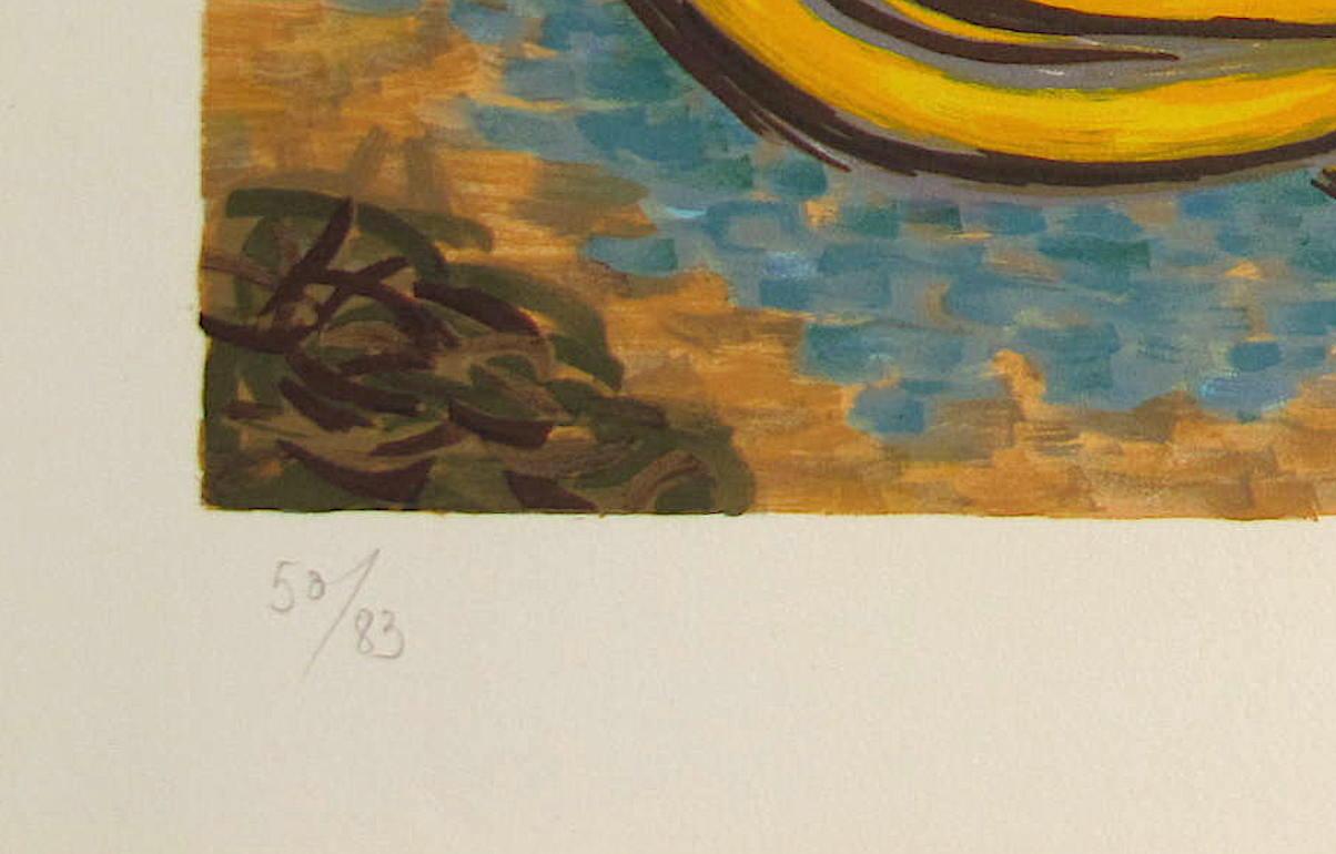 BARCA GIALLA Litografia firmata, Paesaggio astratto, Barca spiaggiata, Acqua turchese - Figurative Print Verde di Laurent Marcel Salinas