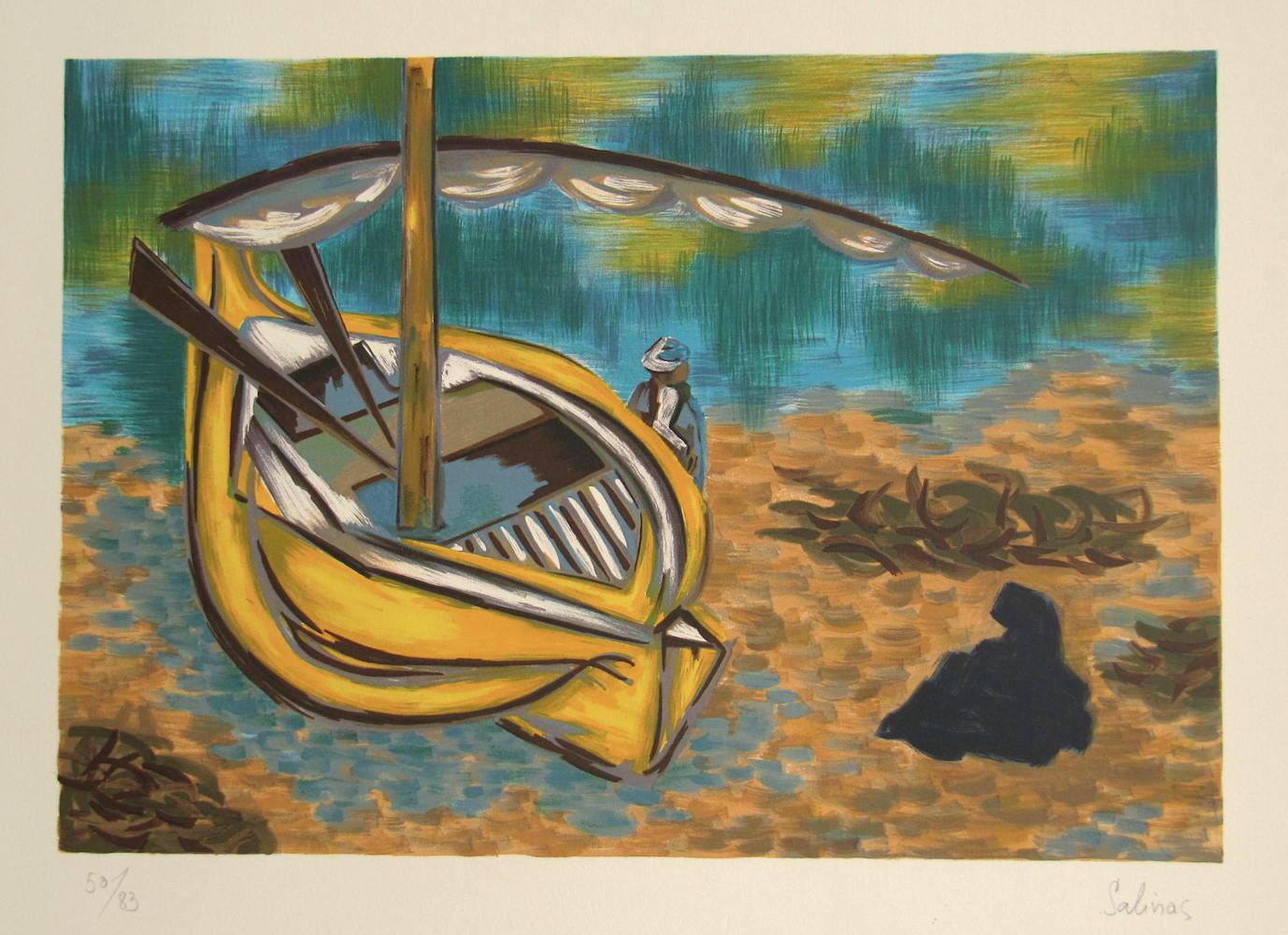 Lithographie signée YELLOW BOAT, homme allongé sur un bateau de voile jaune, eau turquoise - Print de Laurent Marcel Salinas