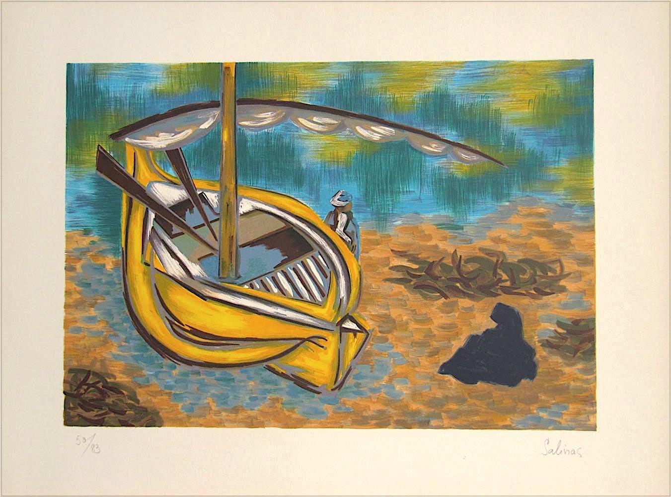 Lithographie signée YELLOW BOAT, homme allongé sur un bateau de voile jaune, eau turquoise
