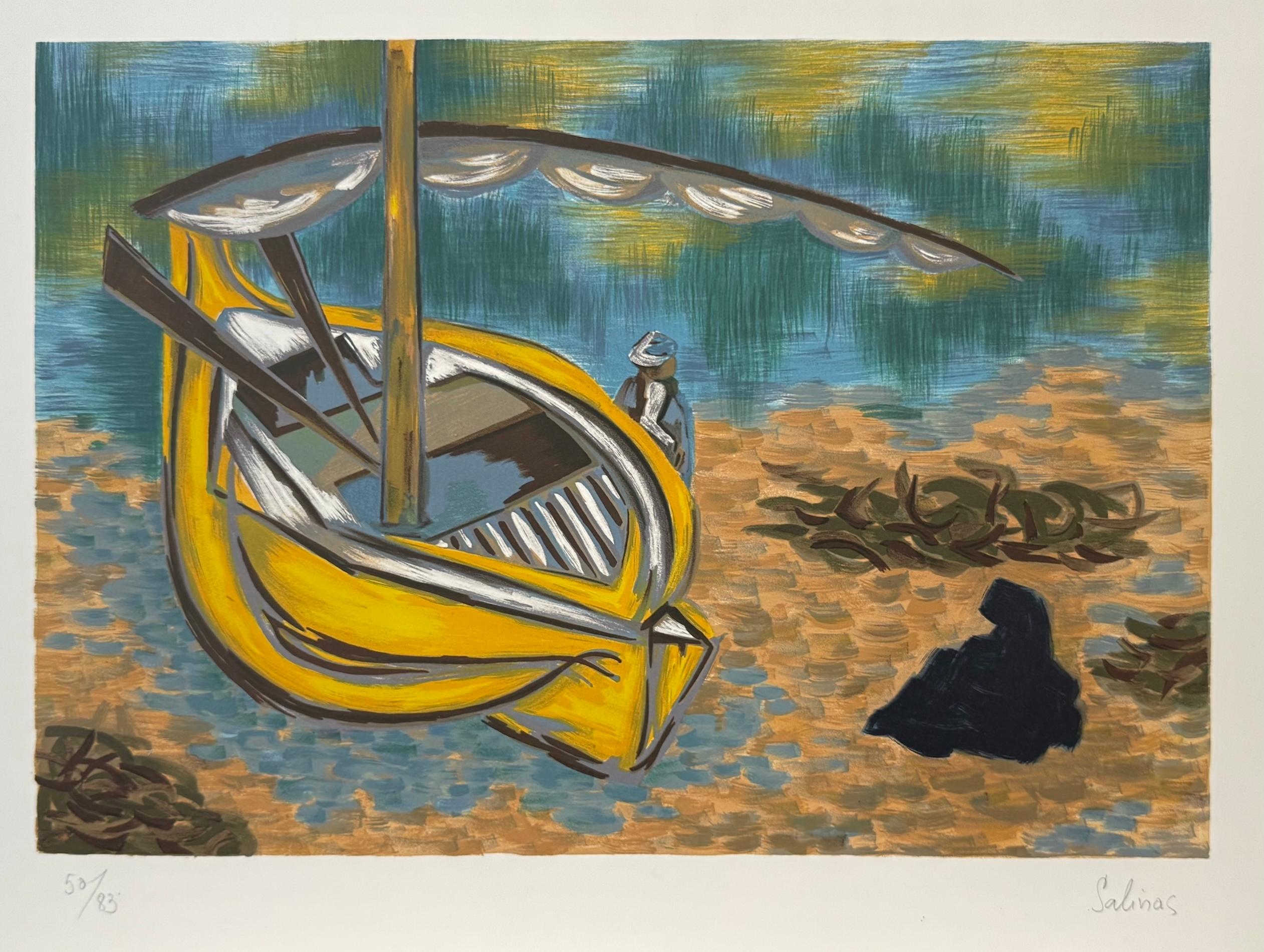 YELLOW BOAT Signed Lithograph, Beached Boat Abstract Shore Landscape - Print by Laurent Marcel Salinas