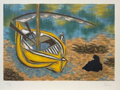 YELLOW BOAT Signed Lithograph, Beached Boat Abstract Shore Landscape