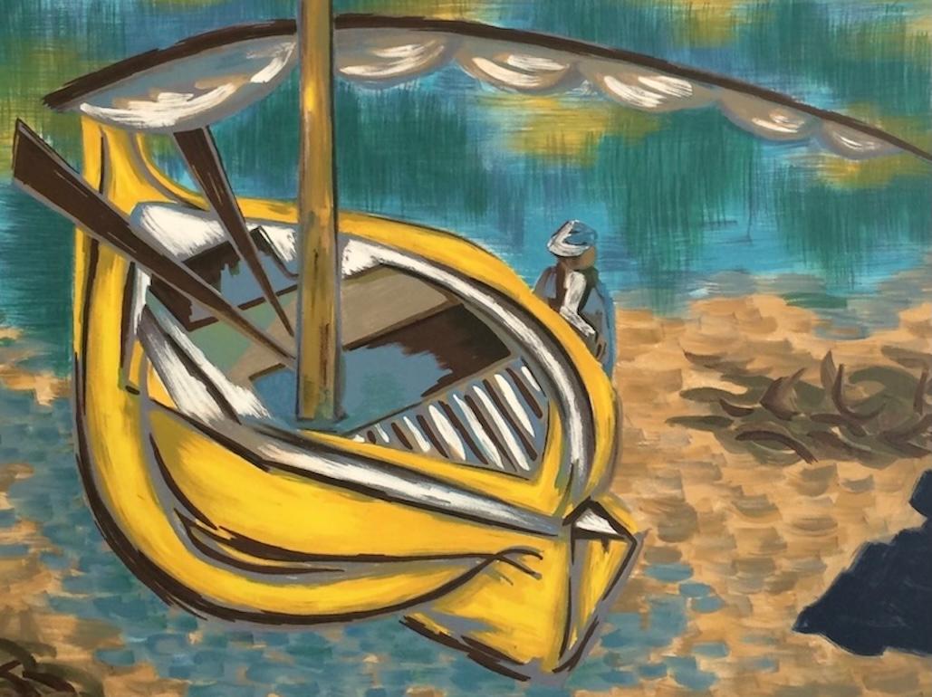BARCA GIALLA Litografia firmata, Paesaggio astratto, Barca spiaggiata, Acqua turchese - Print Realismo di Laurent Marcel Salinas