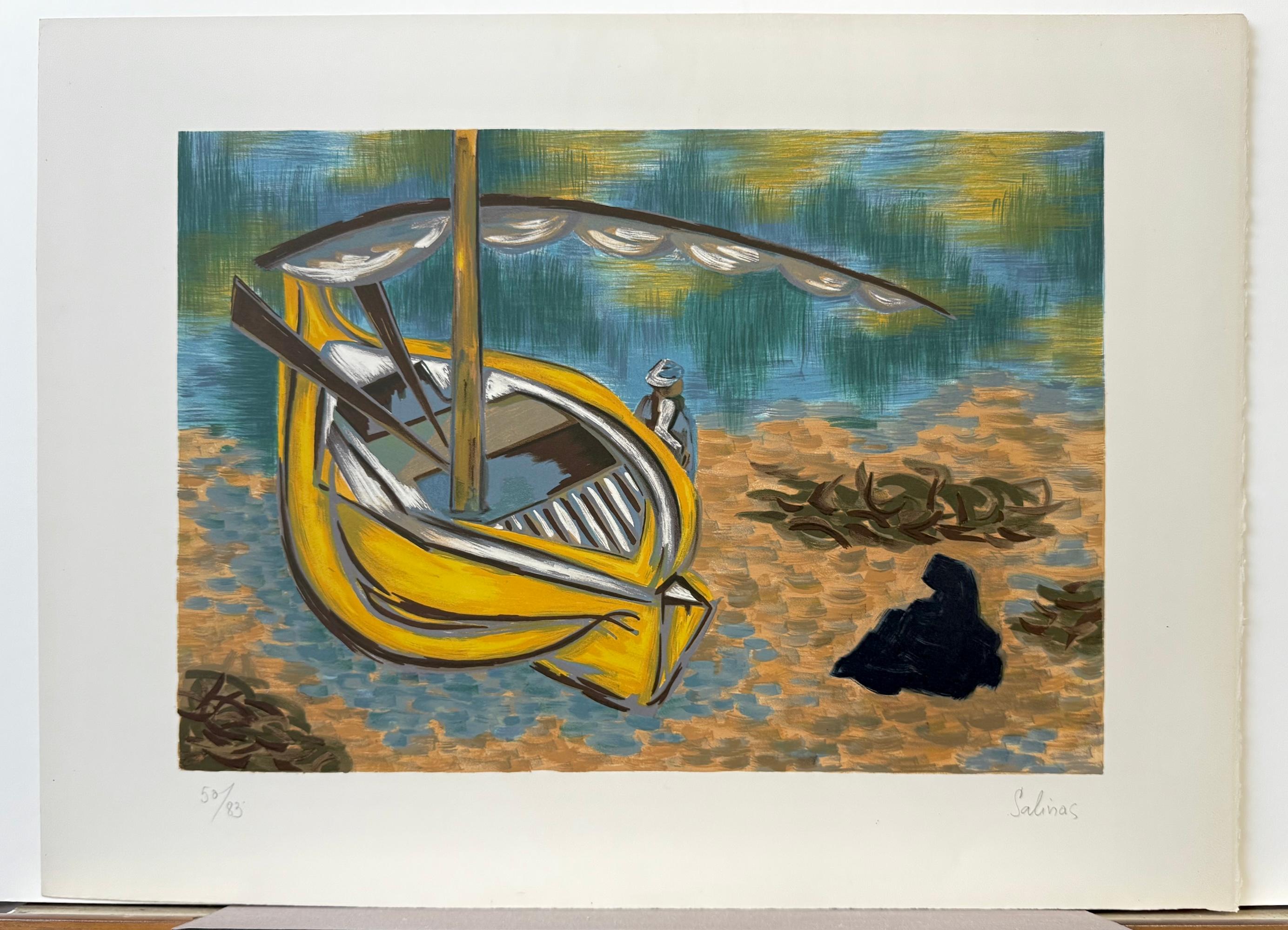 YELLOW BOAT is an original hand drawn lithograph by the Egyptian French artist Laurent Marcel Salinas printed using hand lithography techniques on archival printmaking paper 100% acid free. YELLOW BOAT depicts a beached yellow sailboat with a male
