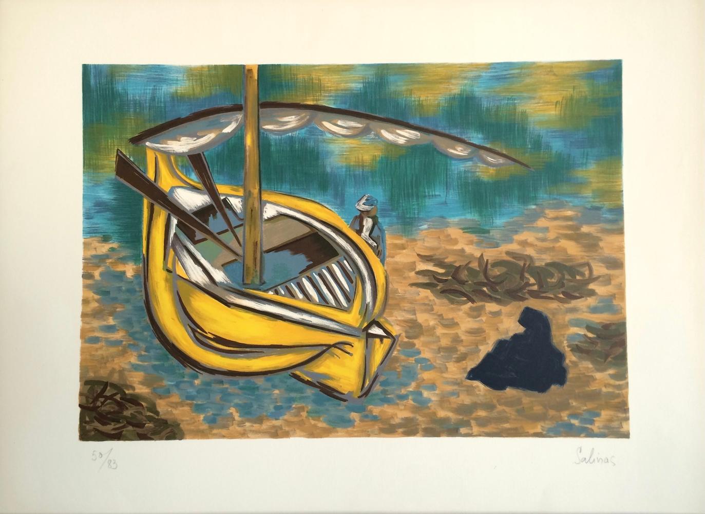 Figurative Print di Laurent Marcel Salinas - BARCA GIALLA Litografia firmata, Paesaggio astratto, Barca spiaggiata, Acqua turchese