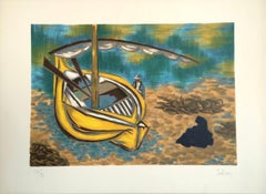 Vintage YELLOW BOAT Signed Lithograph, Abstract Landscape, Beached Boat, Turquoise Water