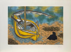 YELLOW BOAT Signierte Lithographie, abstrakte Landschaft, Strandboot, türkisfarbenes Wasser, signiert
