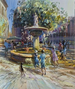 La Fontaine du Village Ölgemälde auf Leinwand Fountain Impressionismus Vorrätig