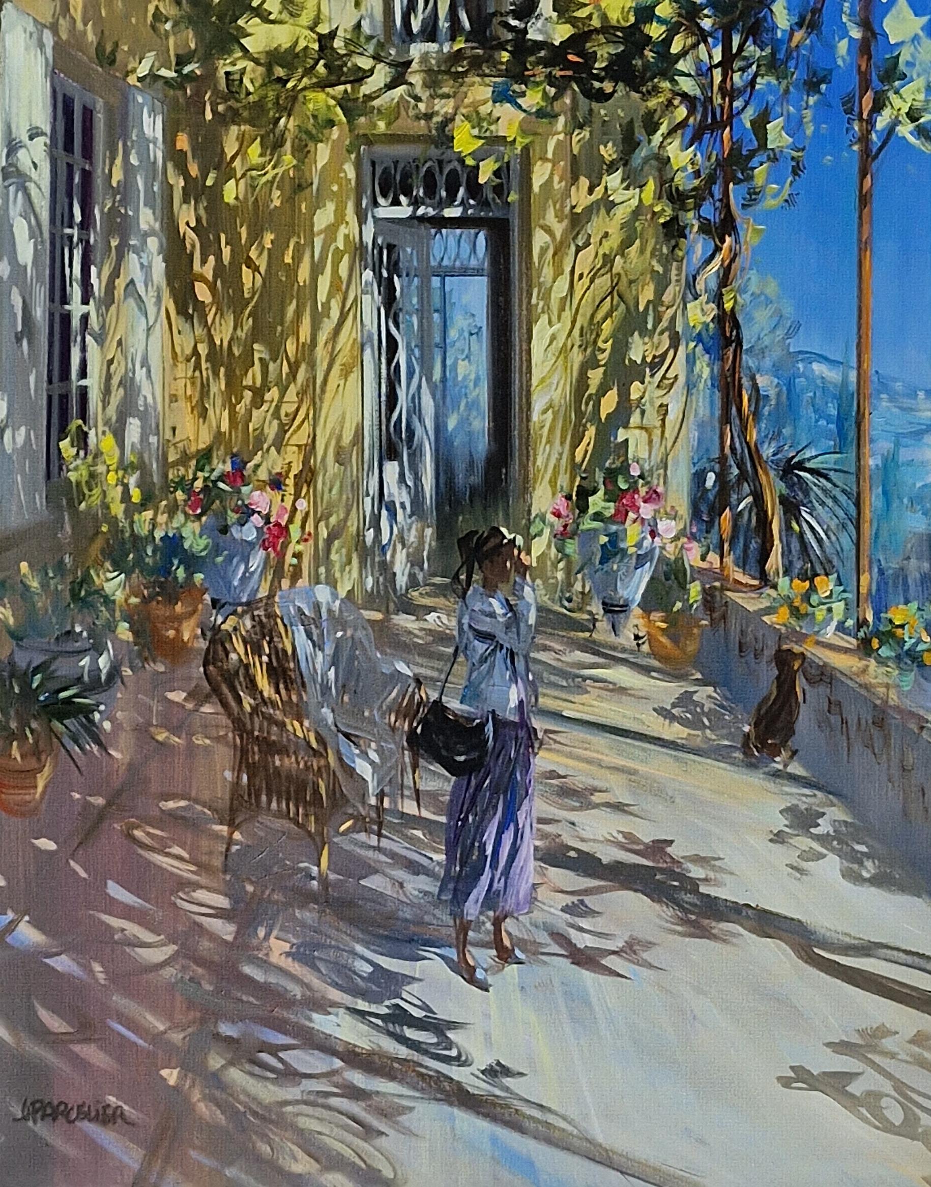Sur la Terrasse Oil Painting on Canvas Impressionism Sunny Terrace Dog In Stock