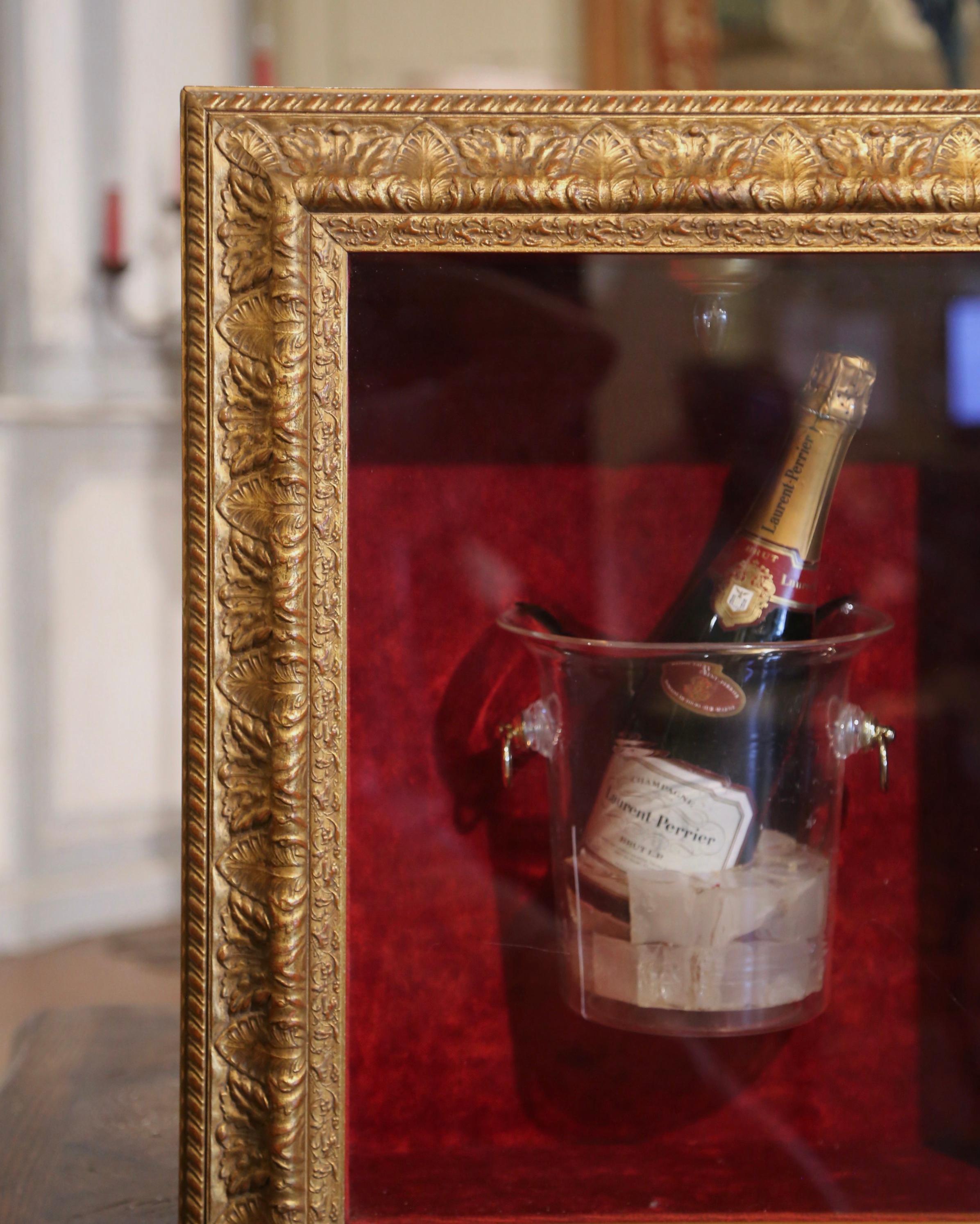 French Laurent-Perrier Bottle in Ice Bucket Wall Display Case in Light Up Gilt Frame  For Sale
