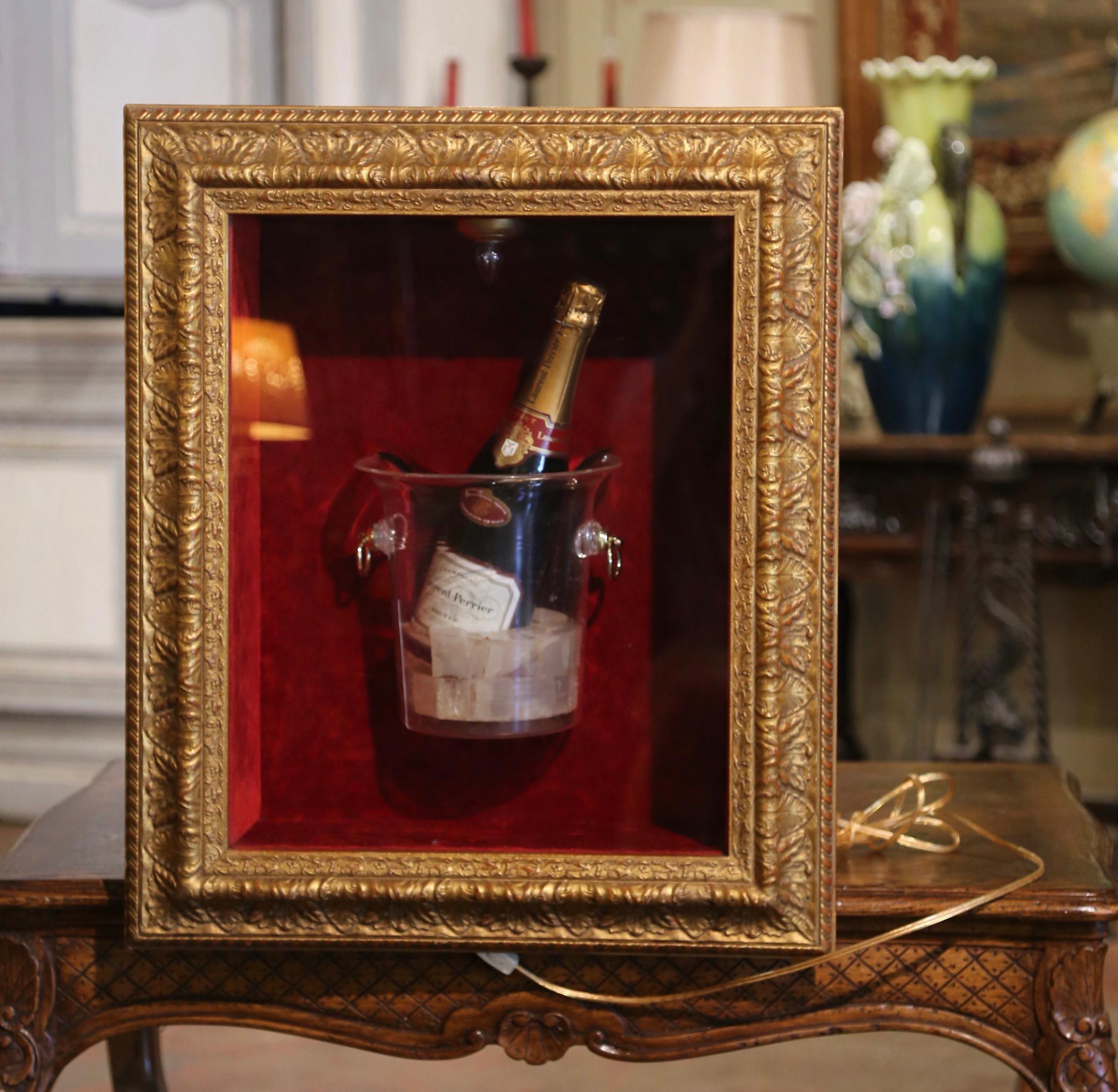 Laurent-Perrier Bottle in Ice Bucket Wall Display Case in Light Up Gilt Frame  In Excellent Condition For Sale In Dallas, TX