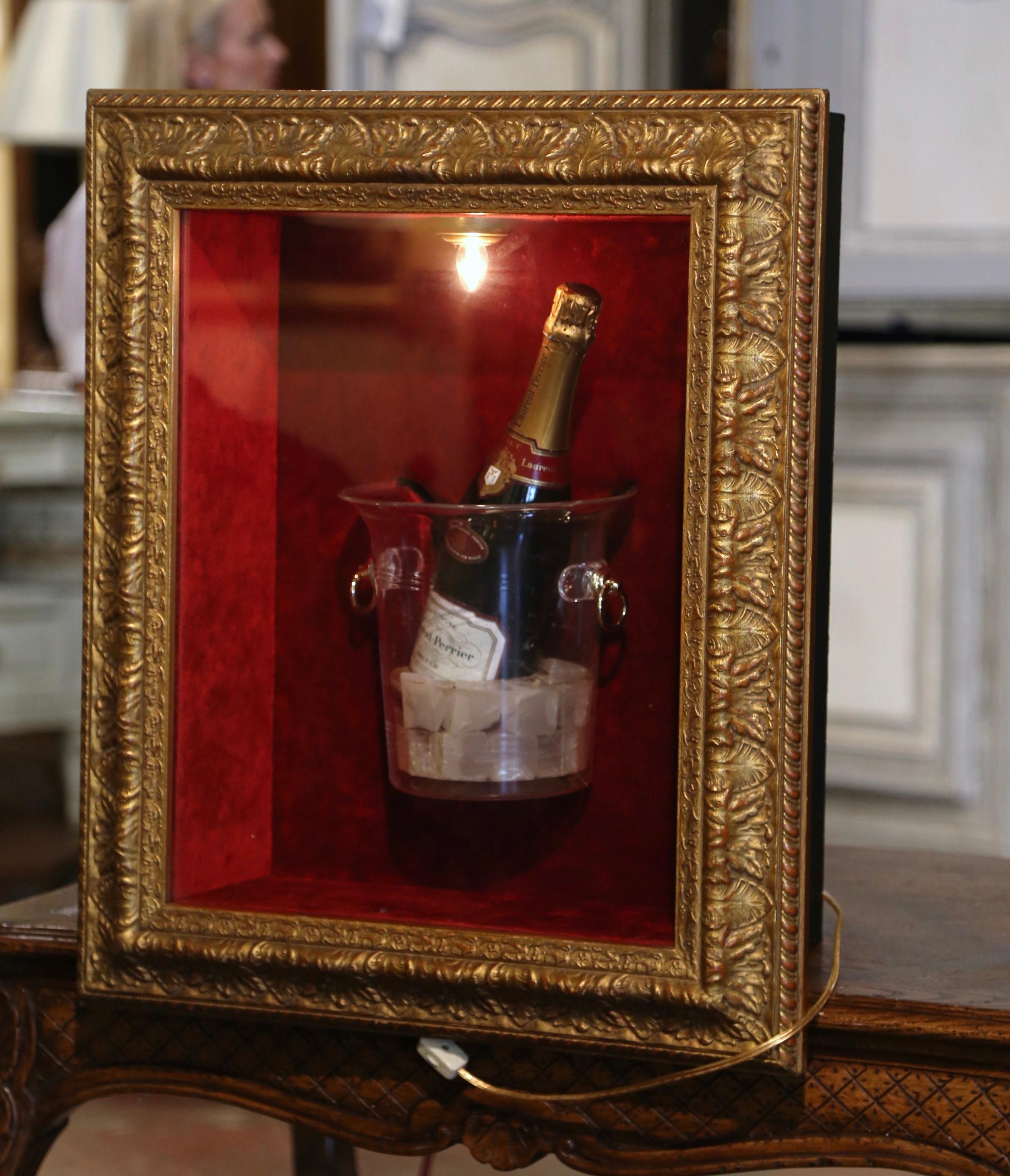 20th Century Laurent-Perrier Bottle in Ice Bucket Wall Display Case in Light Up Gilt Frame  For Sale