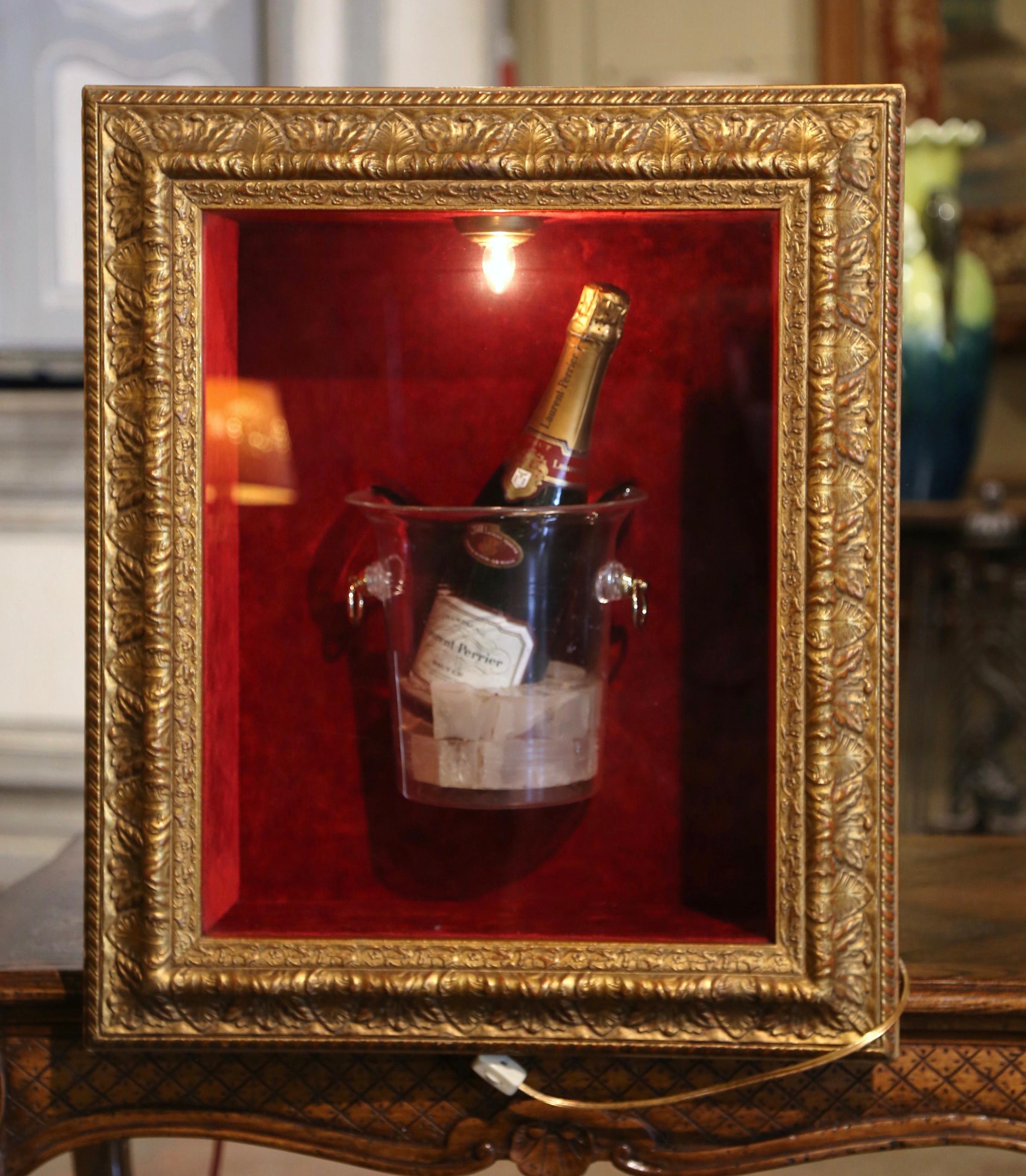 Velvet Laurent-Perrier Bottle in Ice Bucket Wall Display Case in Light Up Gilt Frame  For Sale
