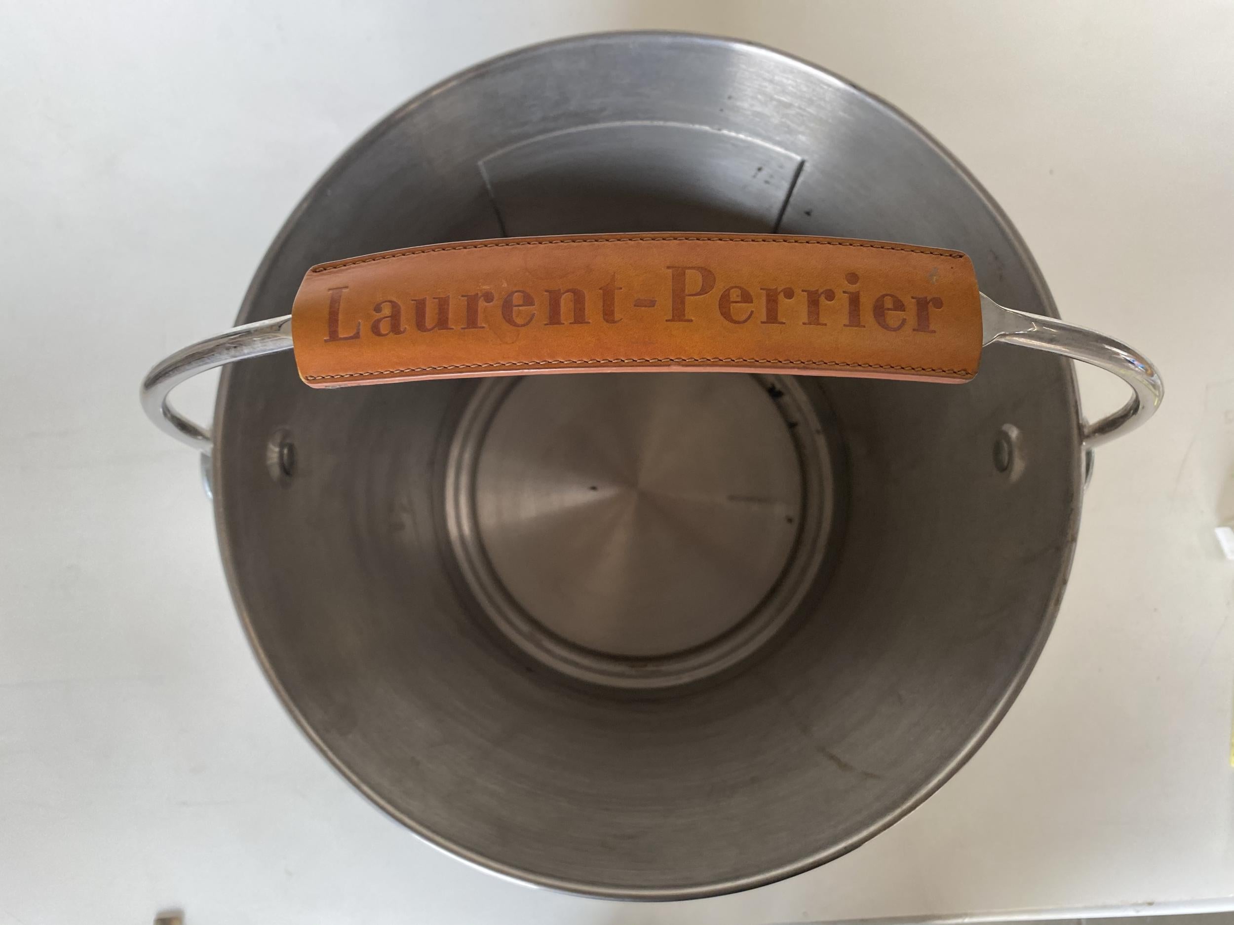 Laurent Perrier Champaign Silver-Tone Ice Bucket with Leather Handle In Excellent Condition In Van Nuys, CA