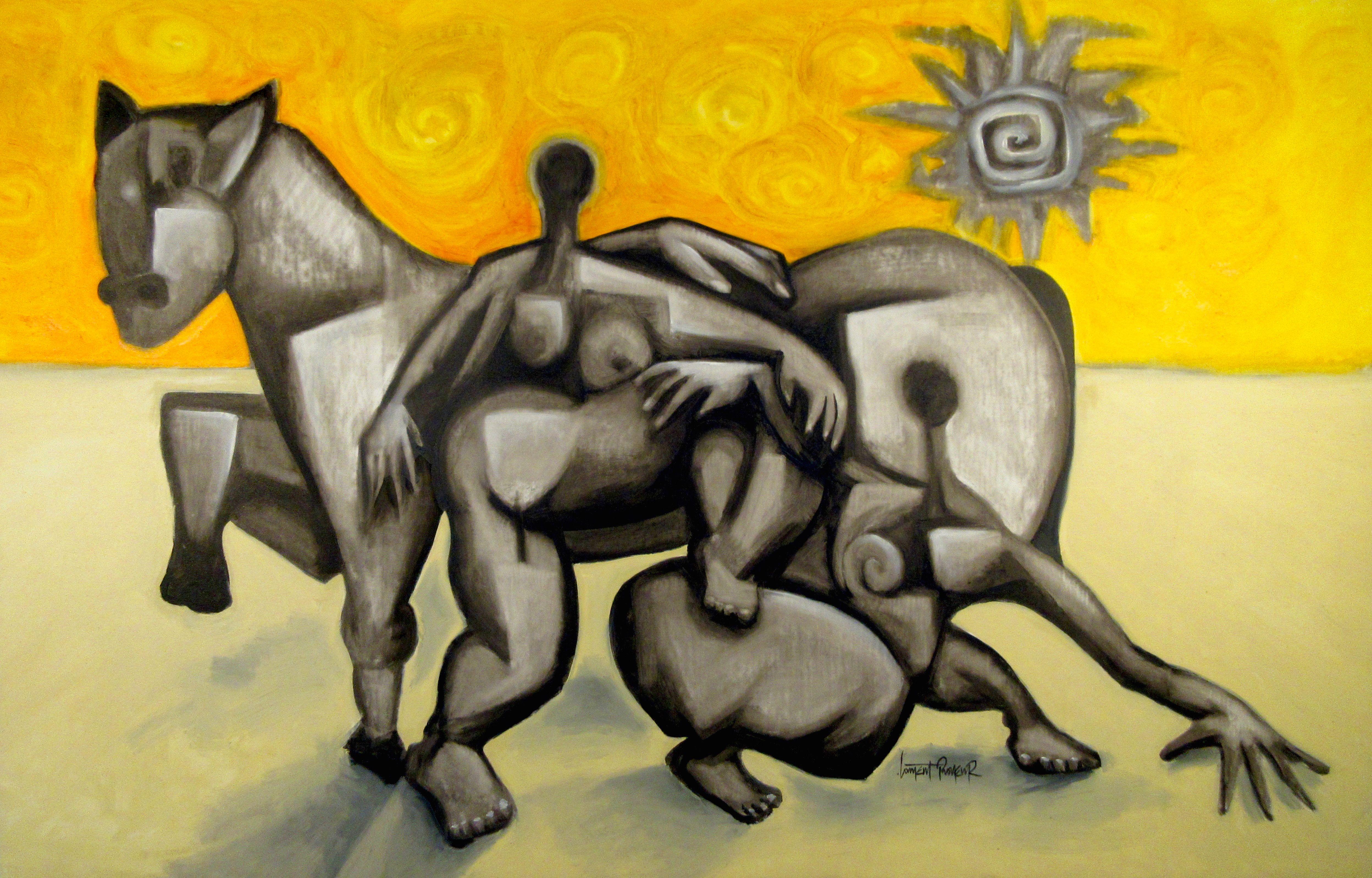 Protected from the sun by a stallion. The heat is raging in the desert of Palm springs, fortunately, the horse is there to ease the pain. :: Painting :: Contemporary :: This piece comes with an official certificate of authenticity signed by the