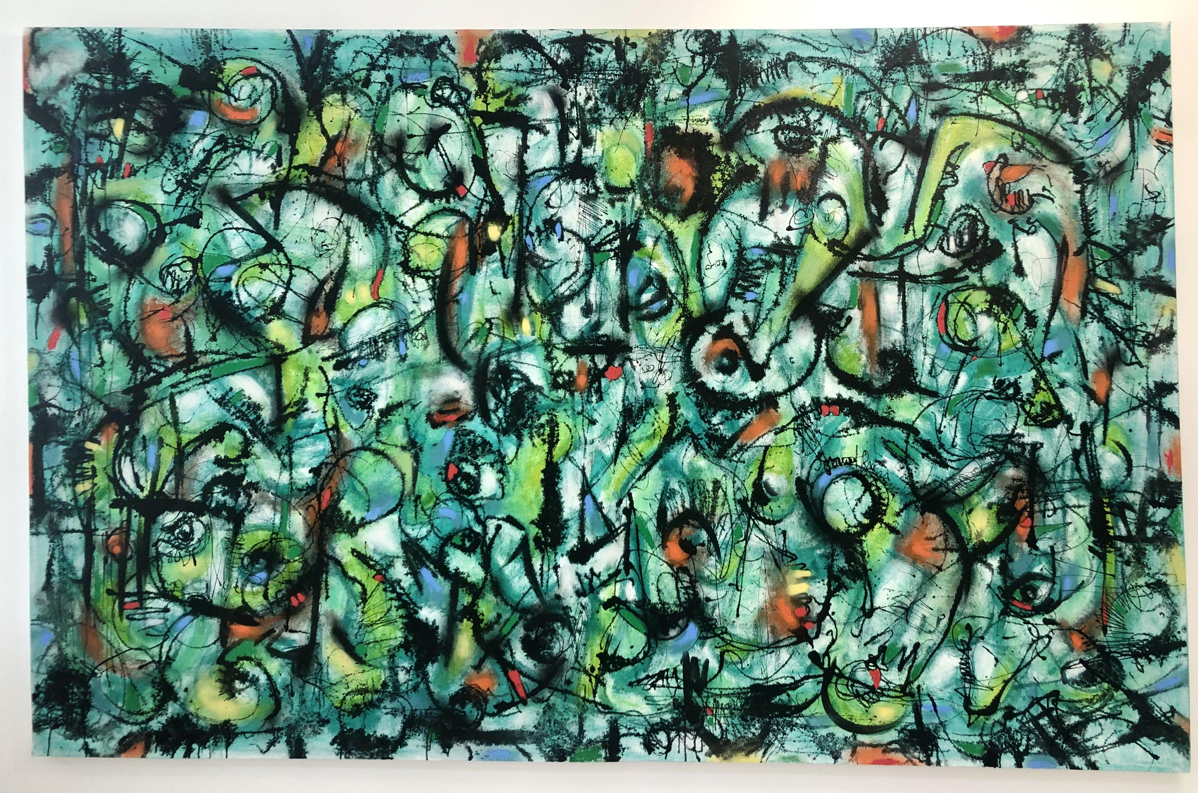 Laurent Proneur Abstract Painting - Green panic, Painting, Oil on Canvas