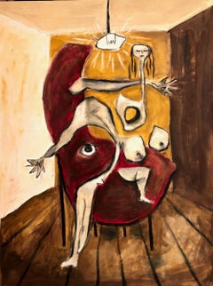 Meditation auf einem roten Stuhl, Gemälde, Öl auf Leinwand