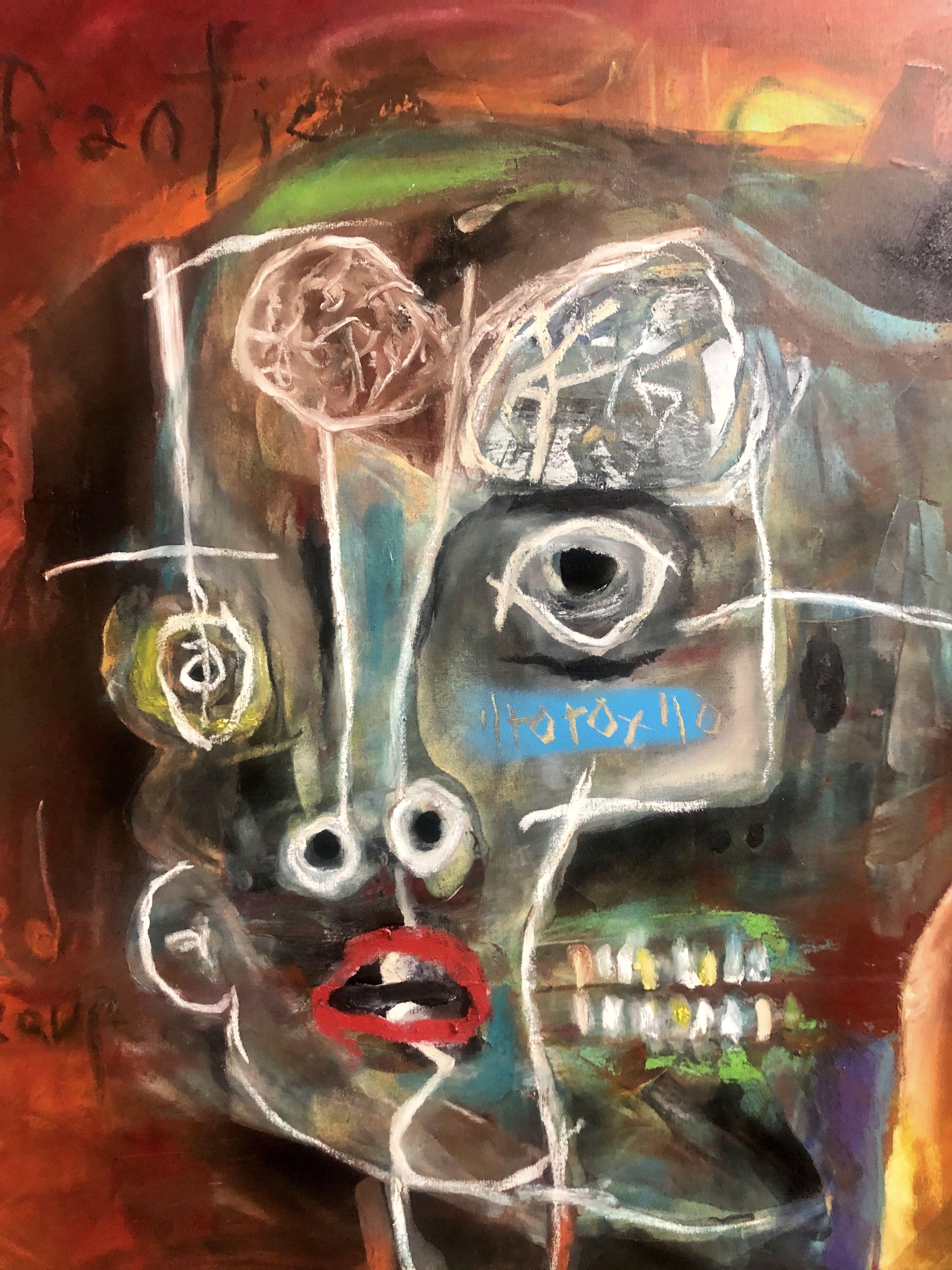 Mr frantic end , the bad news caller, the one people want to avoid, always. :: Painting :: Expressionism :: This piece comes with an official certificate of authenticity signed by the artist :: Ready to Hang: Yes :: Signed: Yes :: Signature