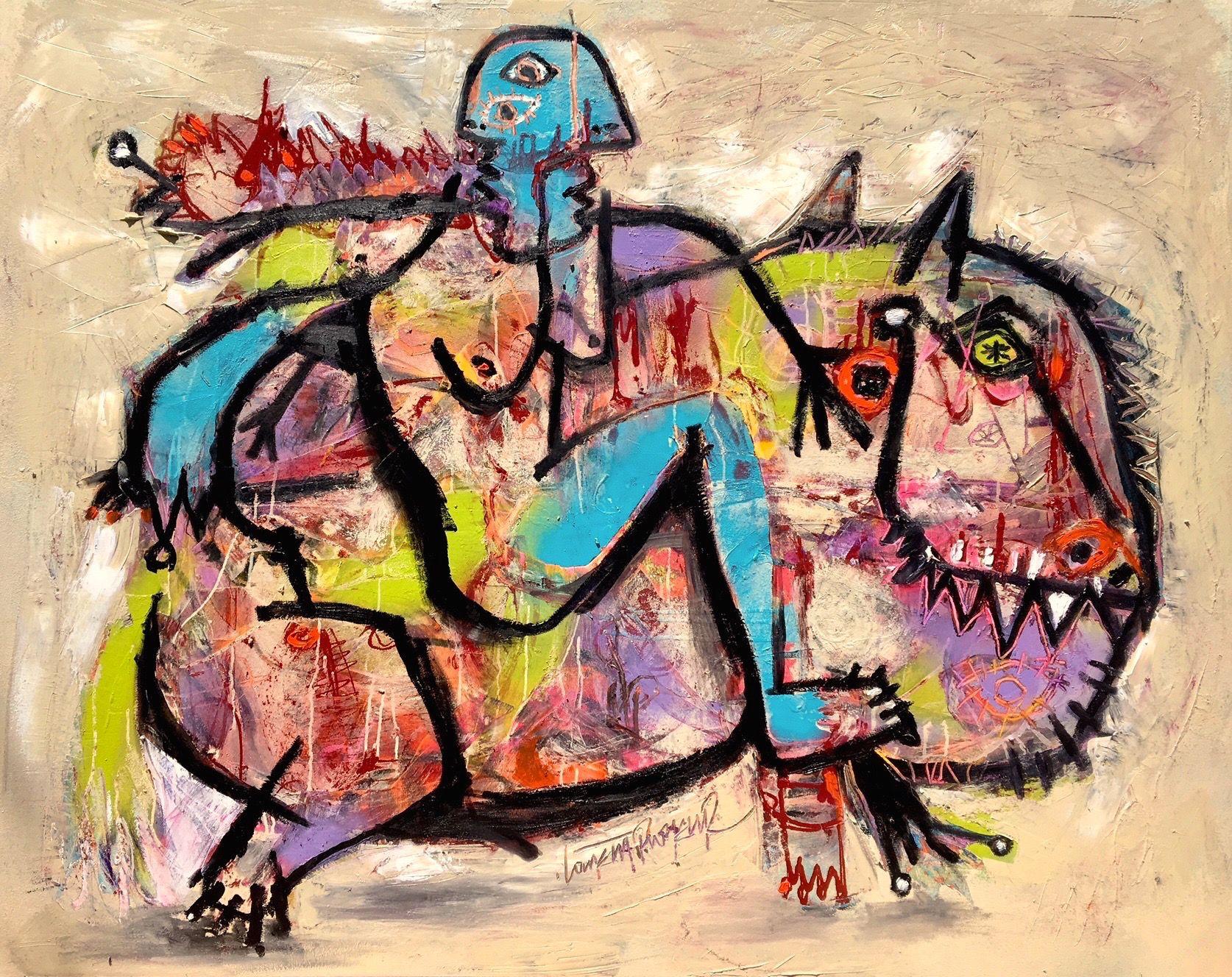 Peinture à l'huile sur toile « Riding the bull » (Vendre le taureau) - Painting de Laurent Proneur