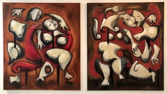 Die rote Couch (Diptychon), Gemälde, Öl auf Leinwand