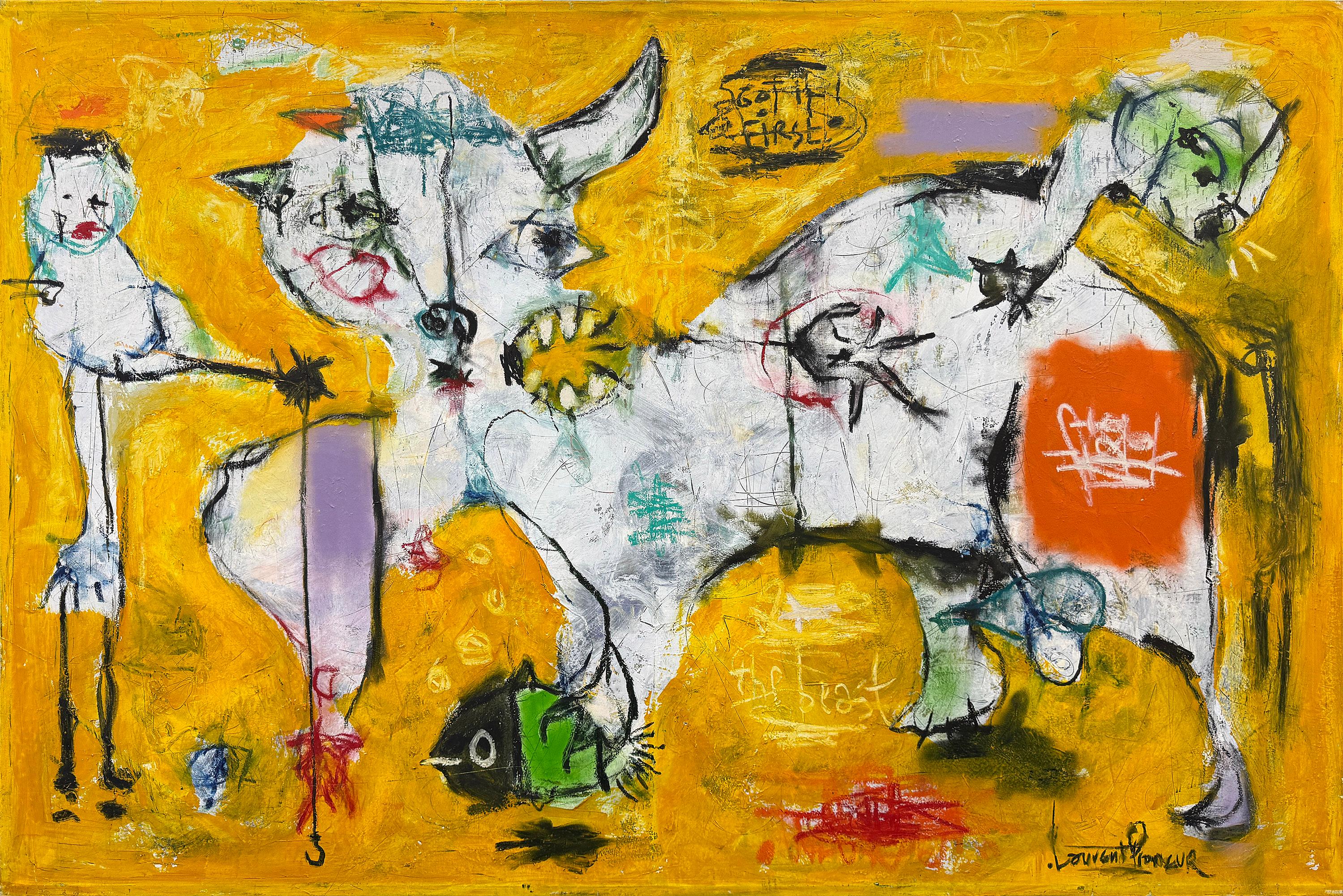 Laurent Proneur Abstract Painting - The Yellow Beast (huge original painting on canvas)