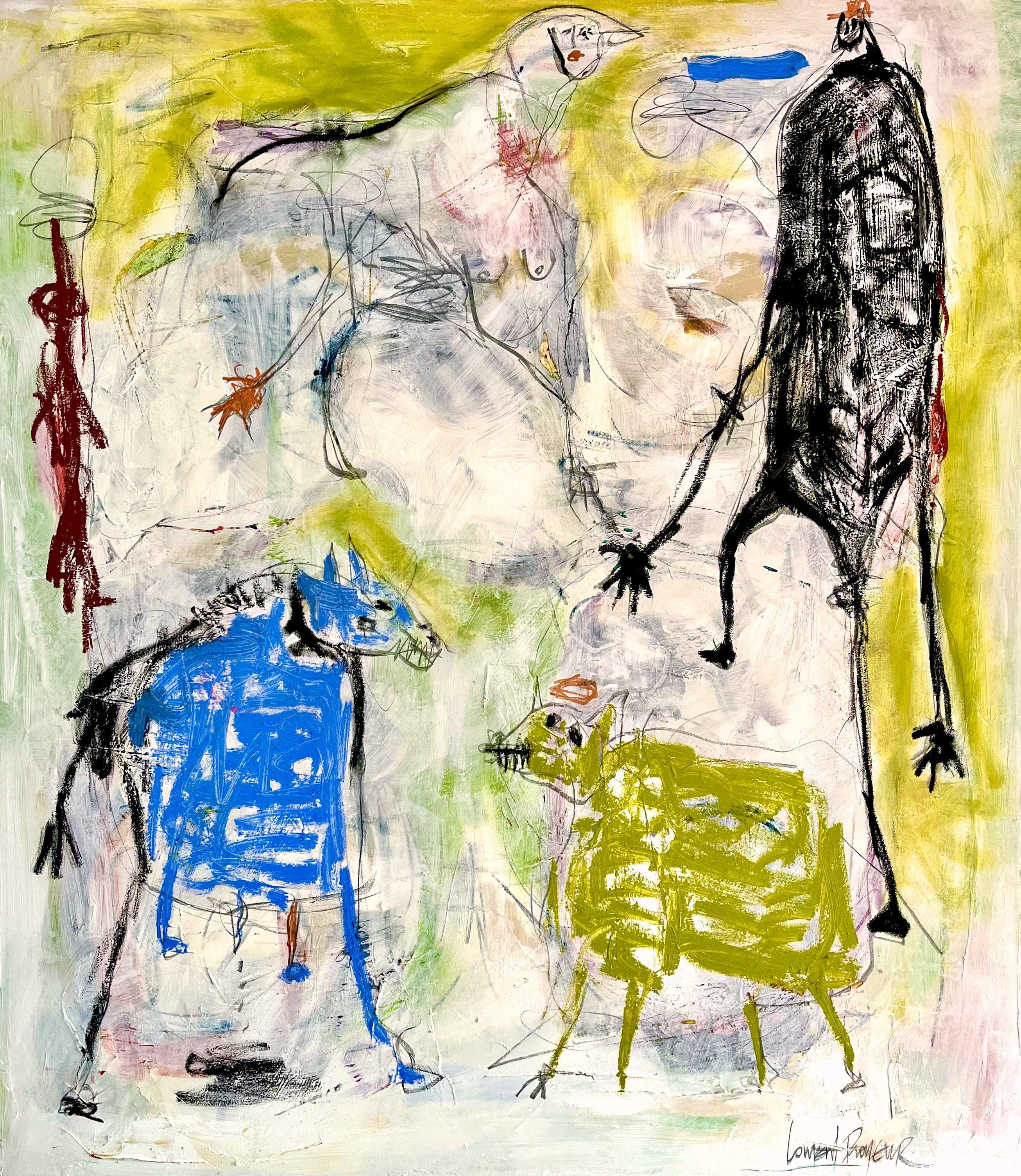 Two of us walking the dogs... they start to get along under the sunny day of Miami.  :: Painting :: Abstract Expressionism :: This piece comes with an official certificate of authenticity signed by the artist :: Ready to Hang: Yes :: Signed: Yes ::