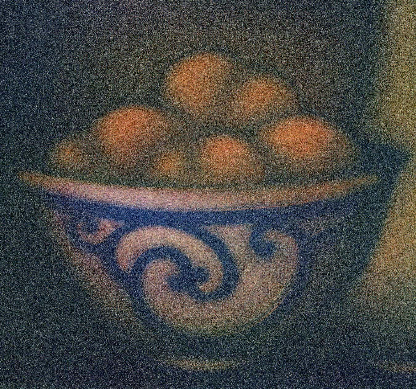 Blue and White Bowl of Fruit next to Vase - Print by Laurent Schkolnyk