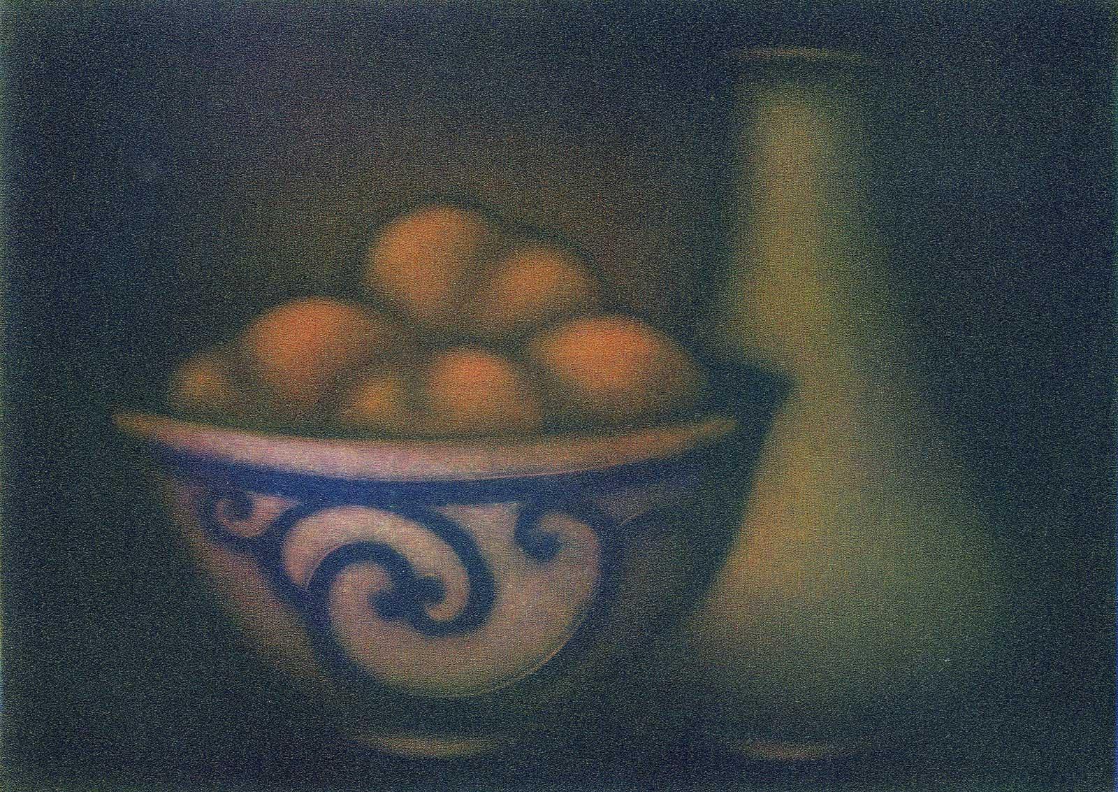 Laurent Schkolnyk Interior Print - Blue and White Bowl of Fruit next to Vase