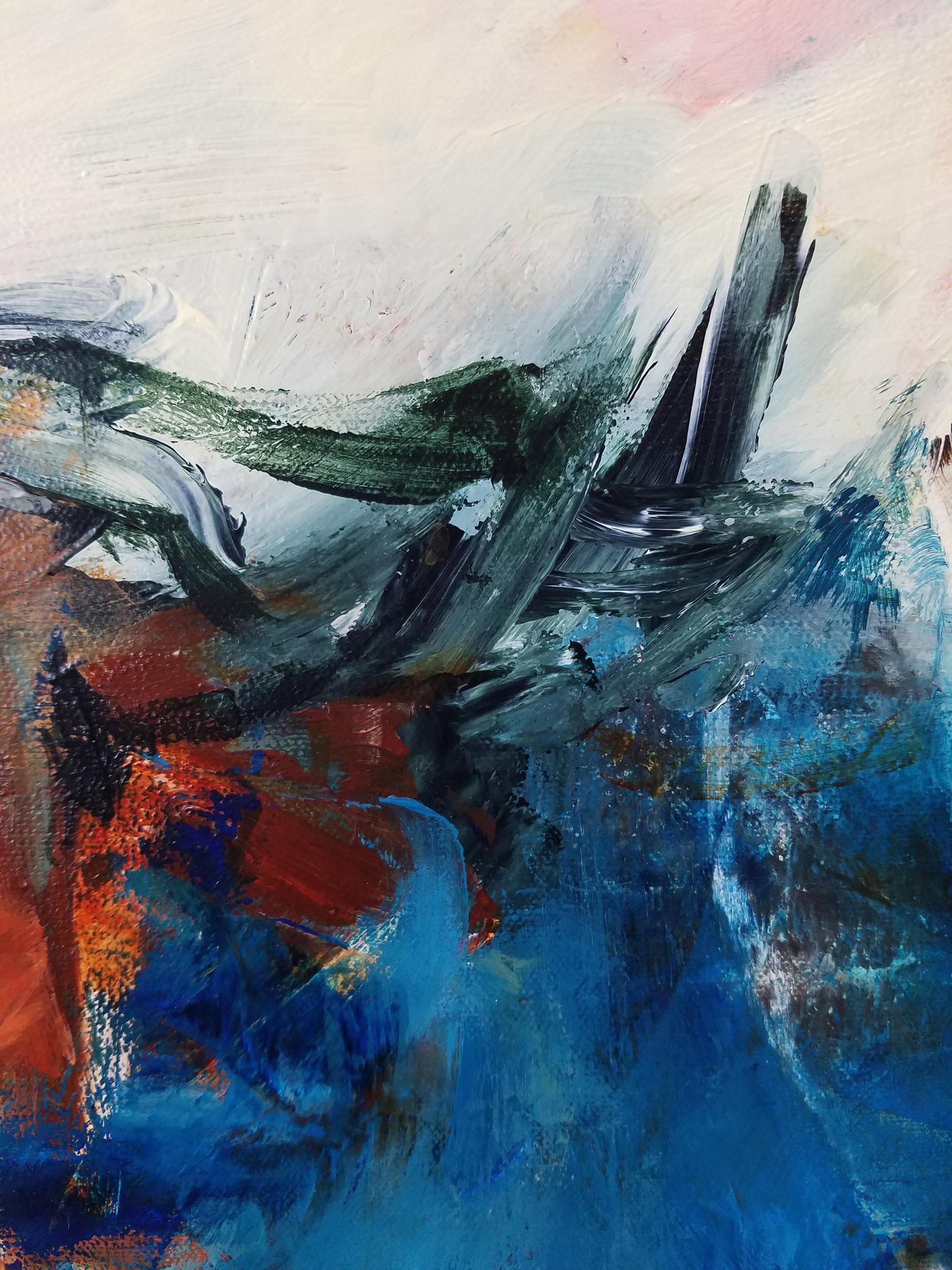 A Depth Not Moved- Lovely Gestural Contemporary Abstraction with (Cream+Blue) - Painting by Laurie Barmore
