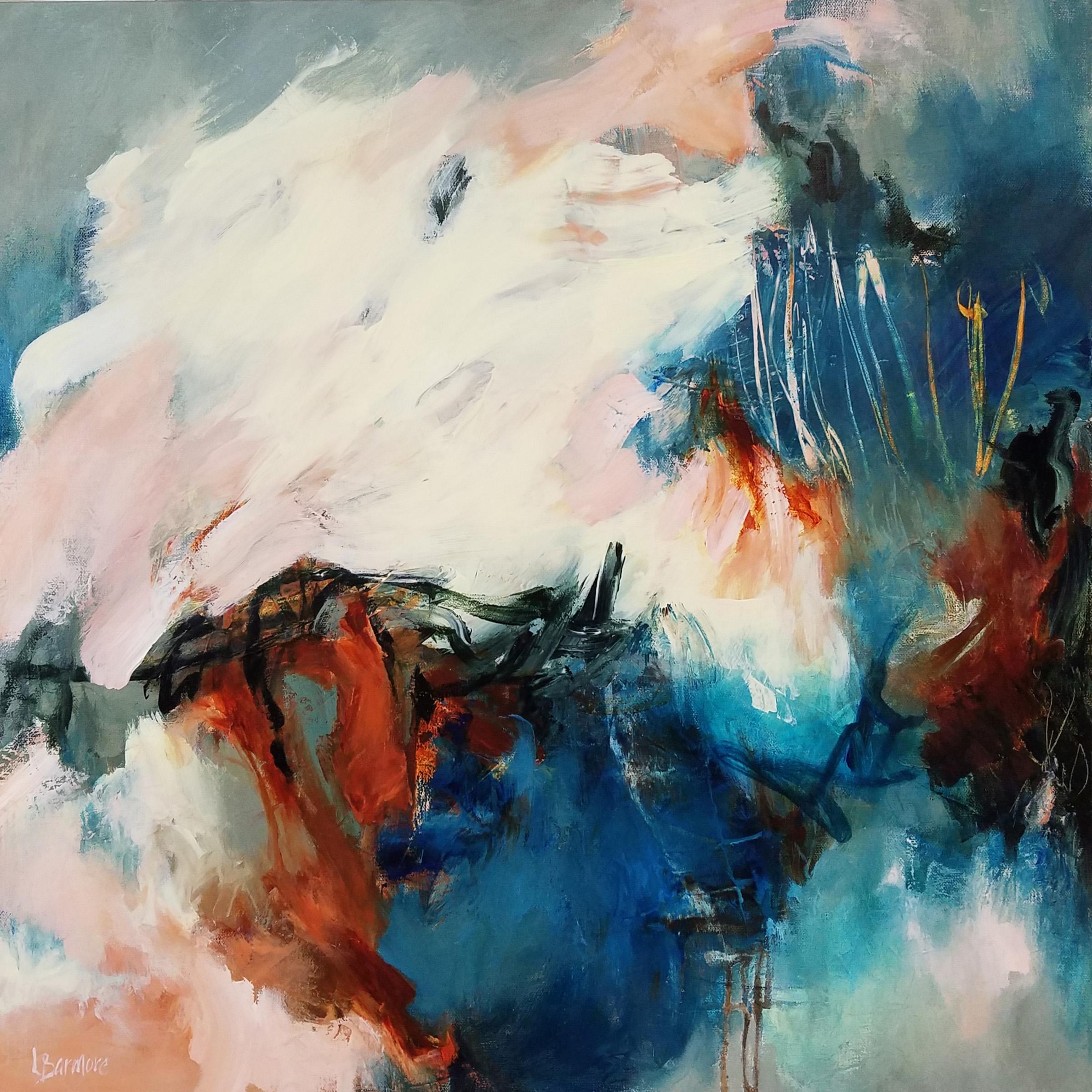 Laurie Barmore Landscape Painting - A Depth Not Moved- Lovely Gestural Contemporary Abstraction with (Cream+Blue)
