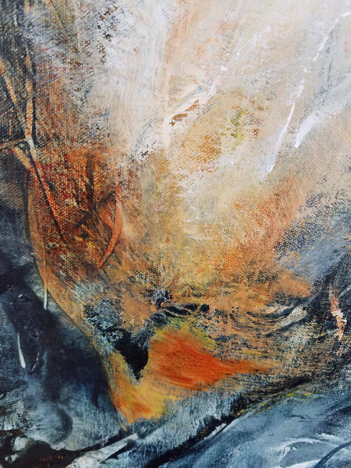 Bursting with deep blues and various earth tones with orange, 'Among the Roots' is an original acrylic painting by Washington-based artist Laurie Barmore.  As in other works by Laurie Barmore, this piece is exploding with both direction and visual