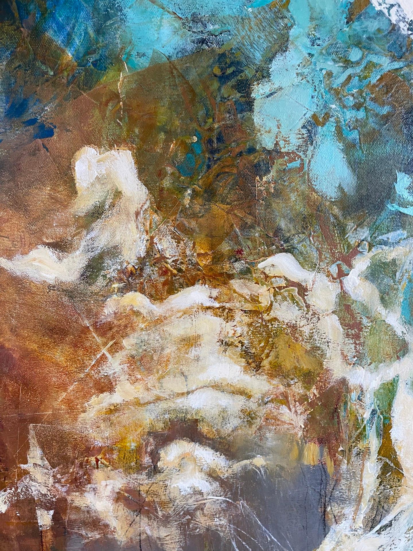 Arms Wide Open - Contemporary Painting on Canvas (Brown+White+Blue+Yellow) - Beige Abstract Painting by Laurie Barmore