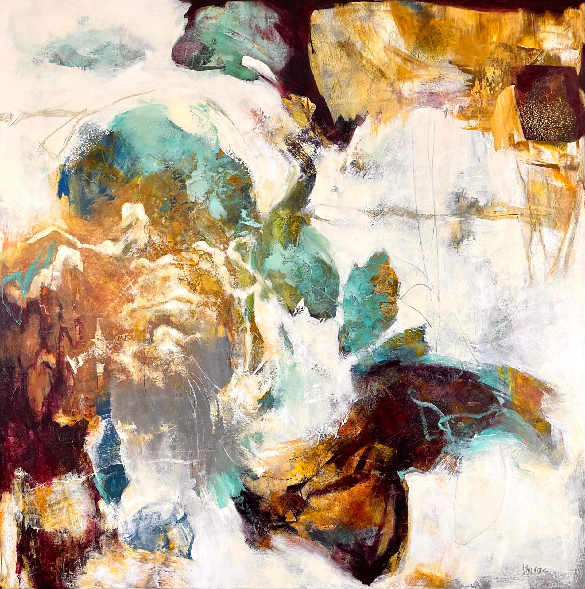 Laurie Barmore Abstract Painting - Arms Wide Open - Contemporary Painting on Canvas (Brown+White+Blue+Yellow)